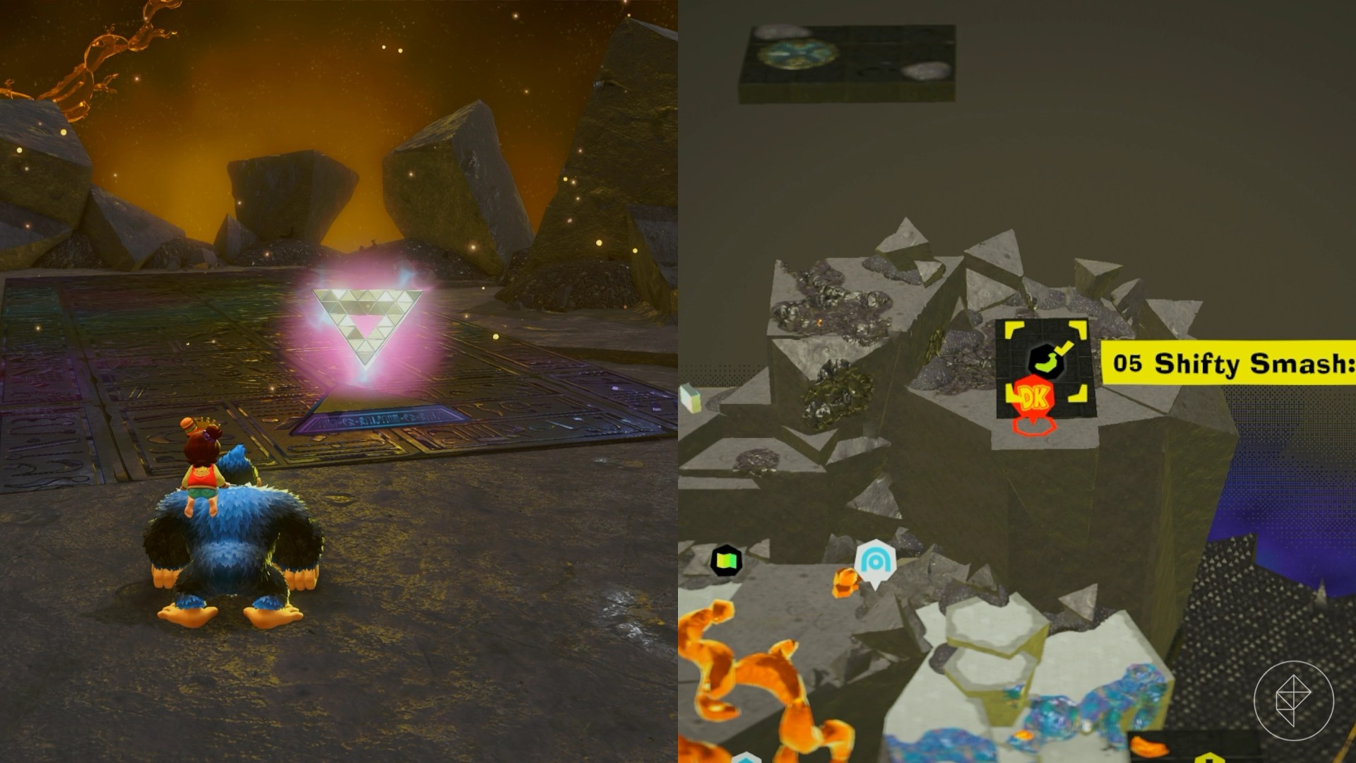 DK approaches a shifty triangle on a platform in Donkey Kong Bananza.