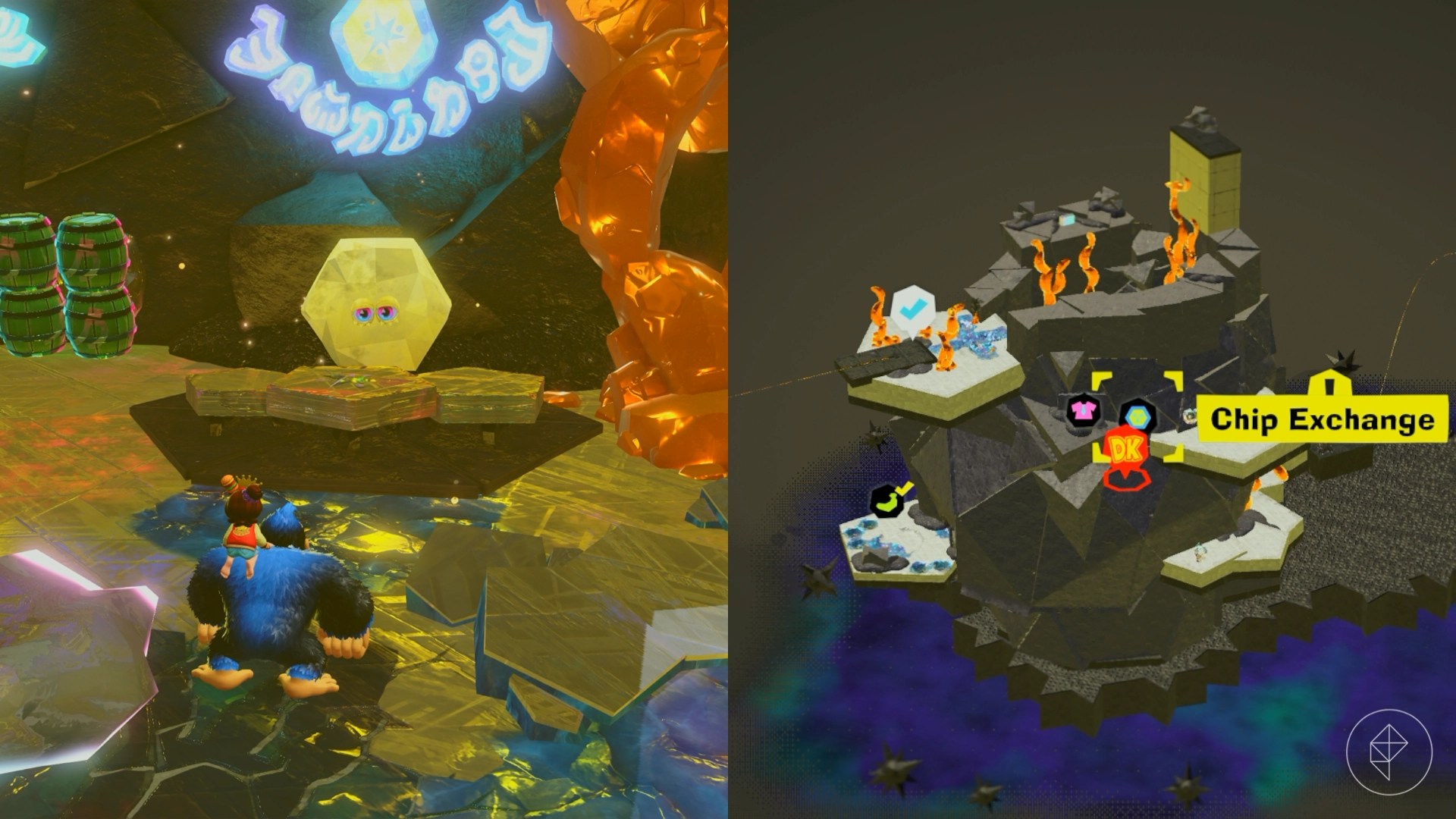 DK approaches a Banandium Chip exchange in the Planet Core in Donkey Kong Bananza