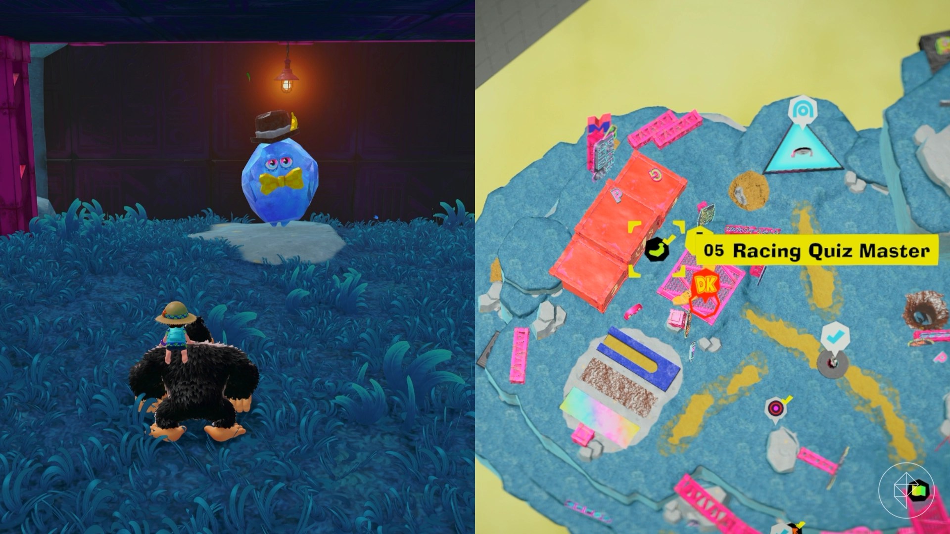 Donkey Kong standing in front of a Fractone with a hat and a bowtie.