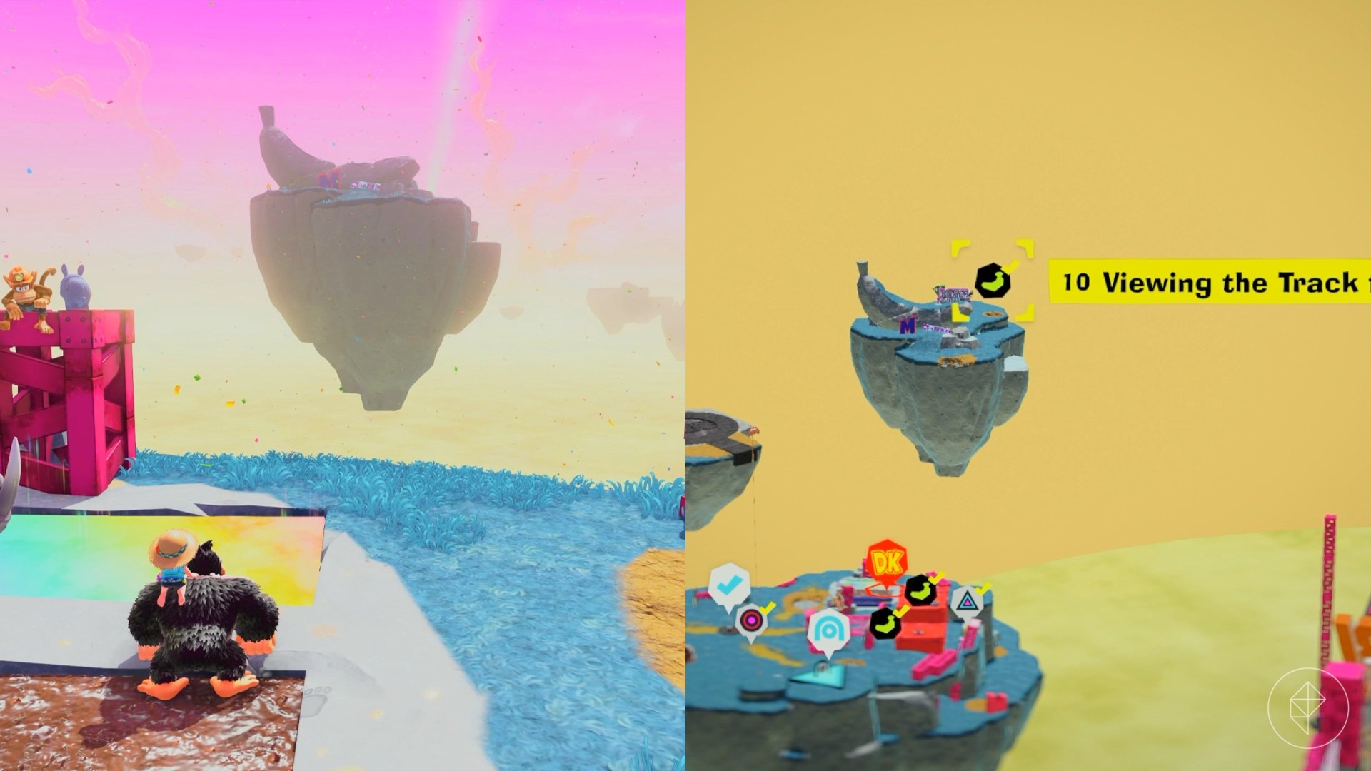 Donkey Kong looking at a floating island in the distance in Donkey Kong Bananza.
