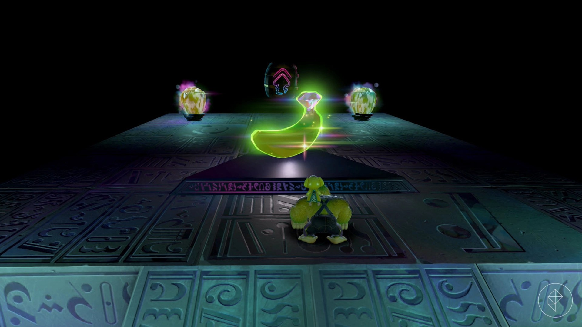 A banana sits in a platform between two glow stone lamps as a reward for a challenge course in Donkey Kong Bananza.