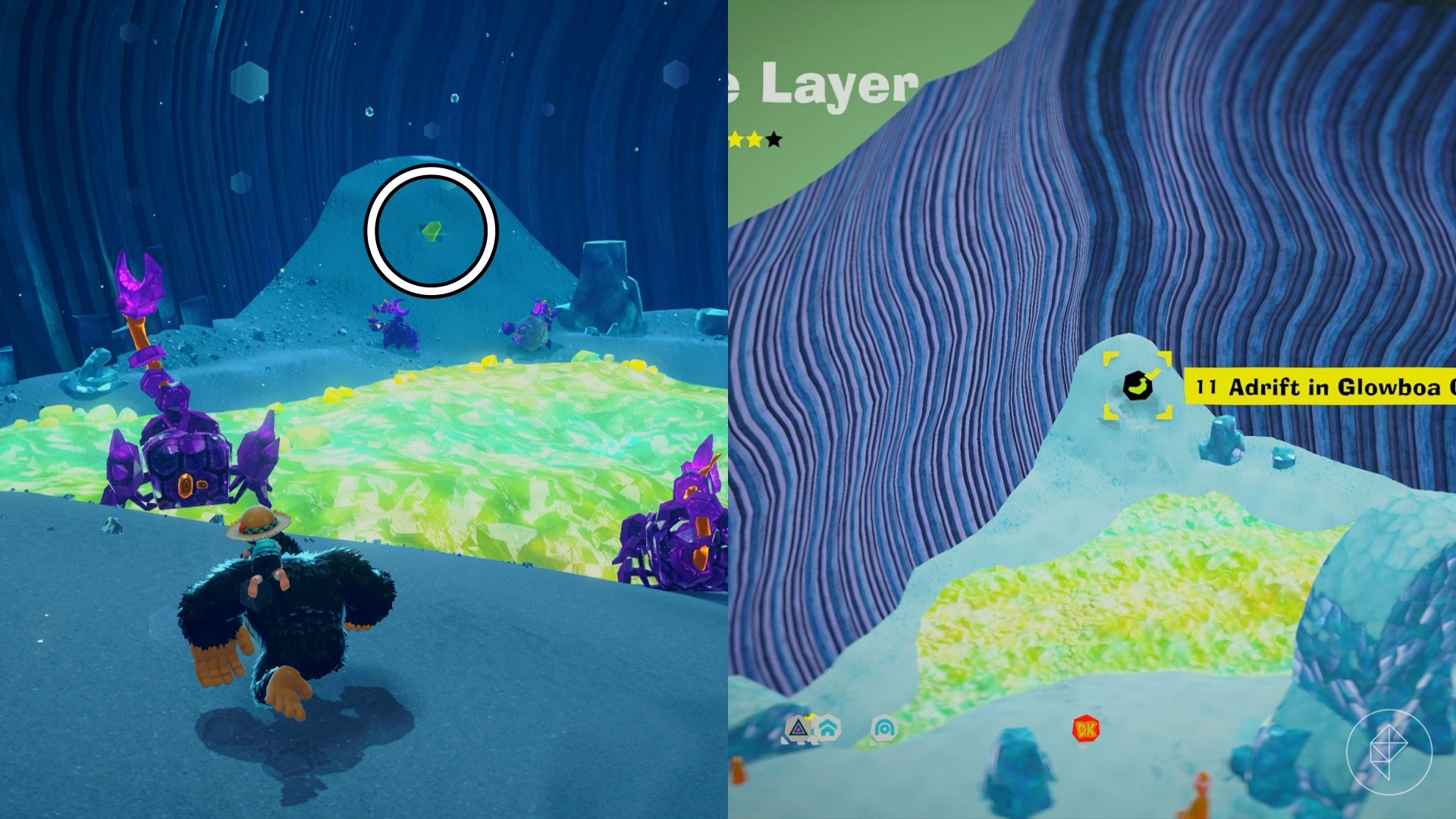 The tip of a banana sticks out of the white sand in the corner in Donkey Kong Bananza.