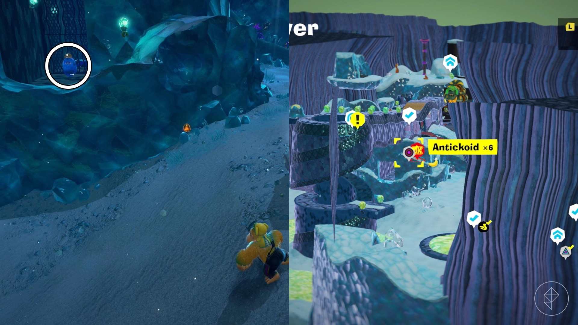 A circle highlights a Constructone sitting in a cavern in Donkey Kong Bananza.