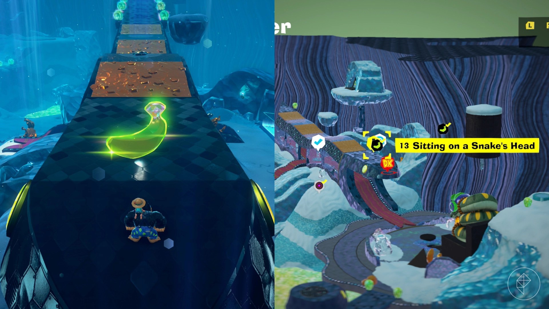 DK approaches a Banandium Gem sitting on the head of a giant snake hallway in Donkey Kong Bananza.