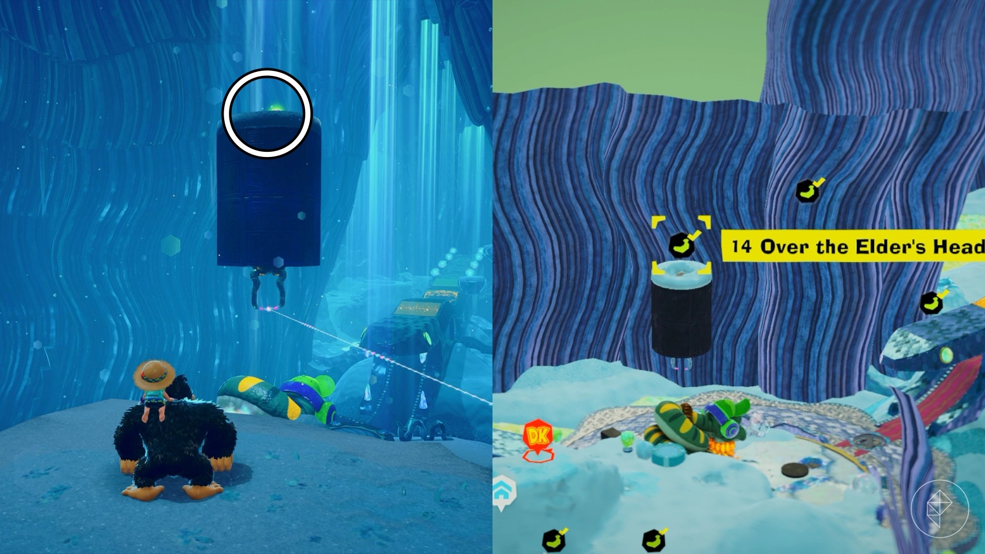 A circle highlights the glow of a banana on a platform floating above the Snake Elder’s head in Donkey Kong Bananza.