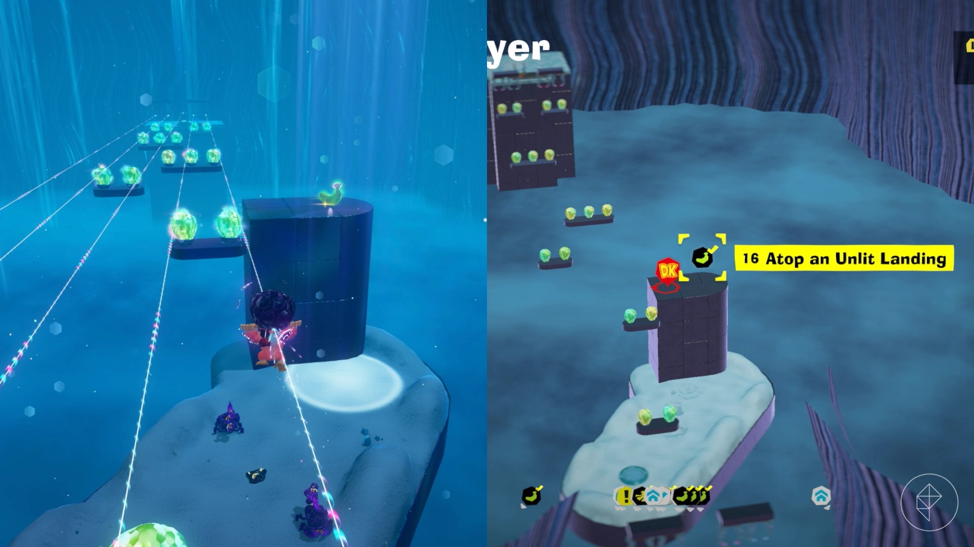 DK ziplines down on the right, coming up on a banana on a platform in Donkey Kong Bananza.