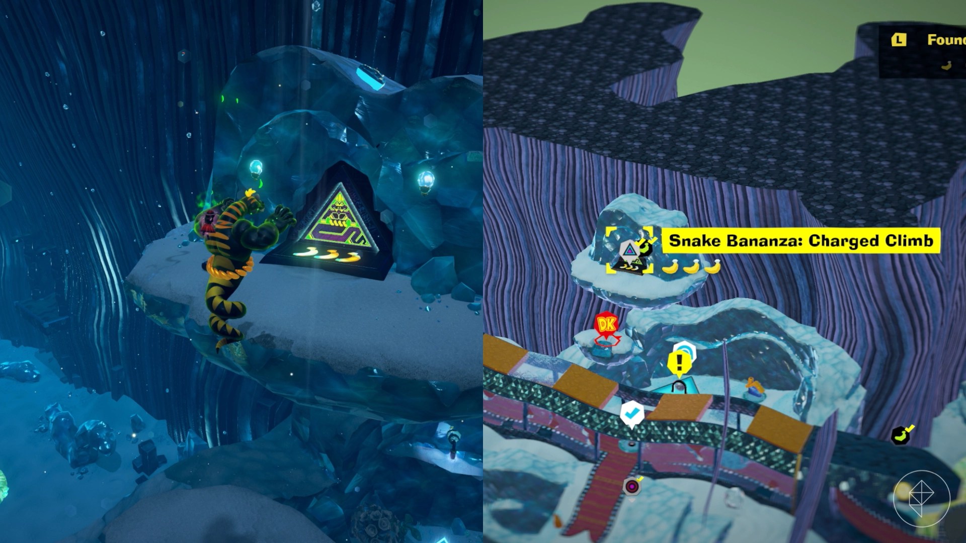 Snake DK approaches the entrance to an ancient ruins above the window-filled snake hallway in Donkey Kong Bananza.