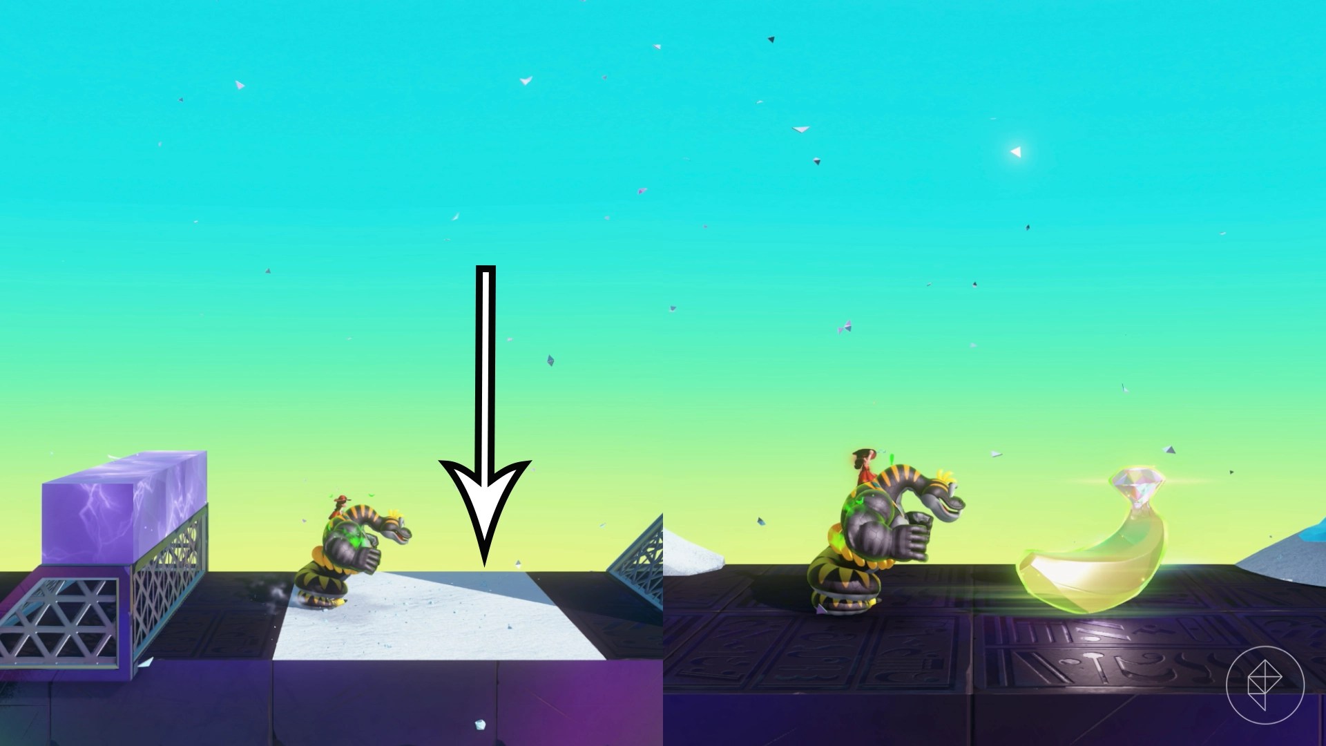 An arrow points downward at a white sand spot in the middle of a challenge course path in Donkey Kong Bananza.