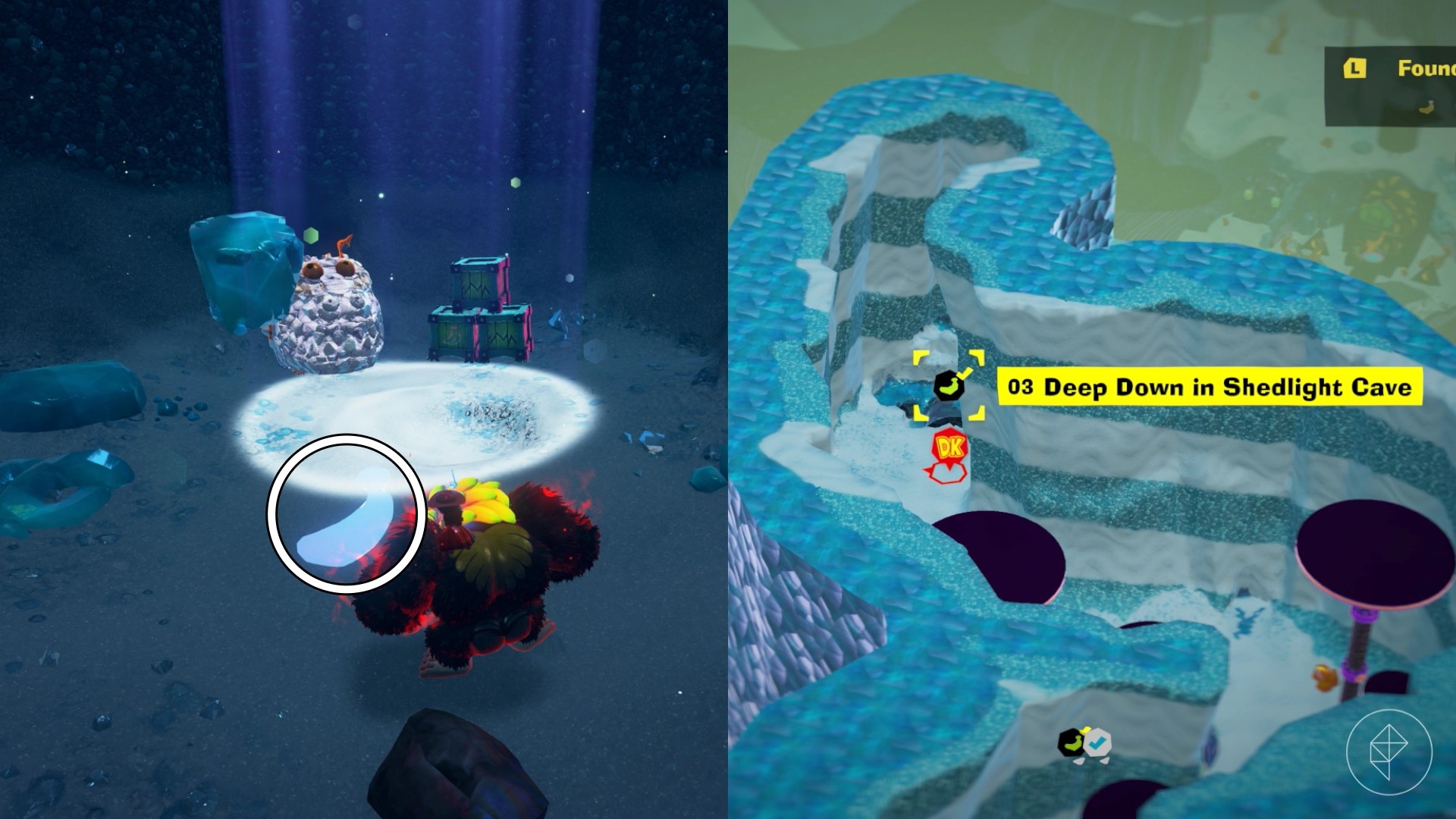 Kong DK senses a banana under the white sand in Donkey Kong Bananza.