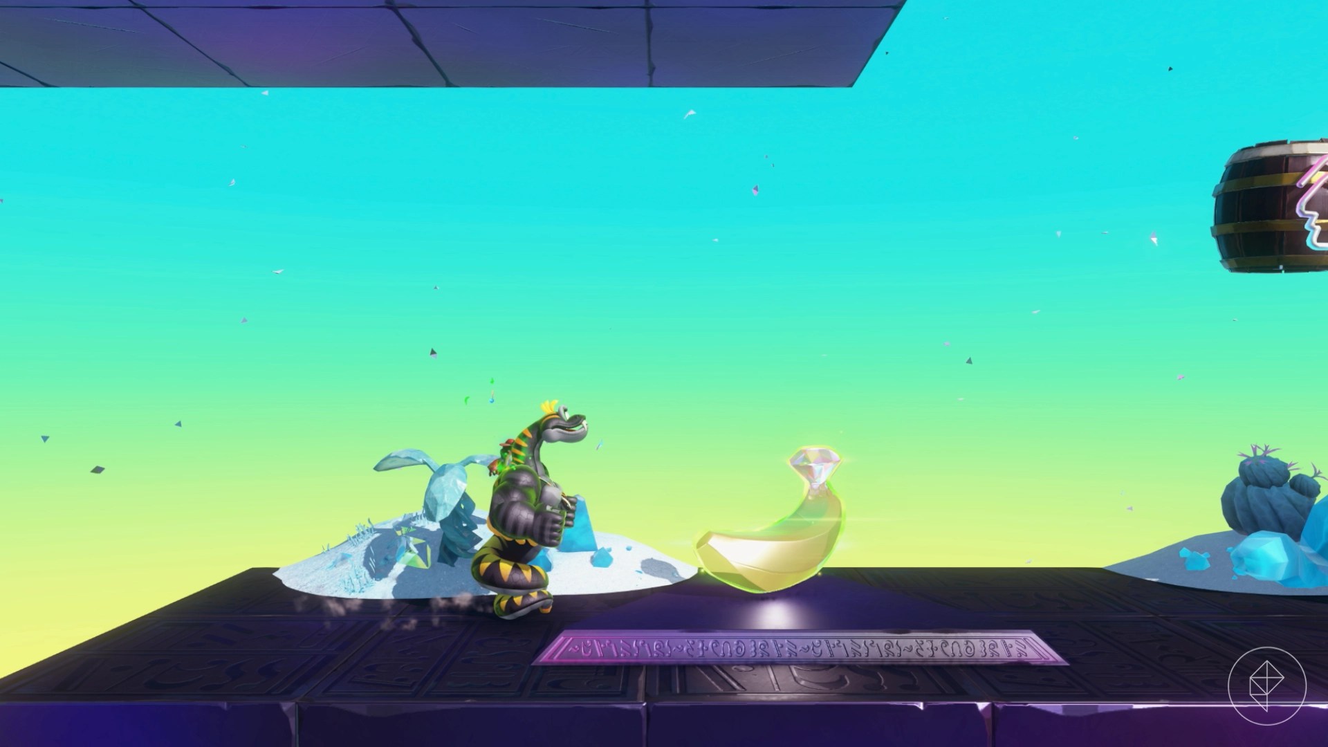 Snake DK approaches a banana on a pedestal in Donkey Kong Bananza.