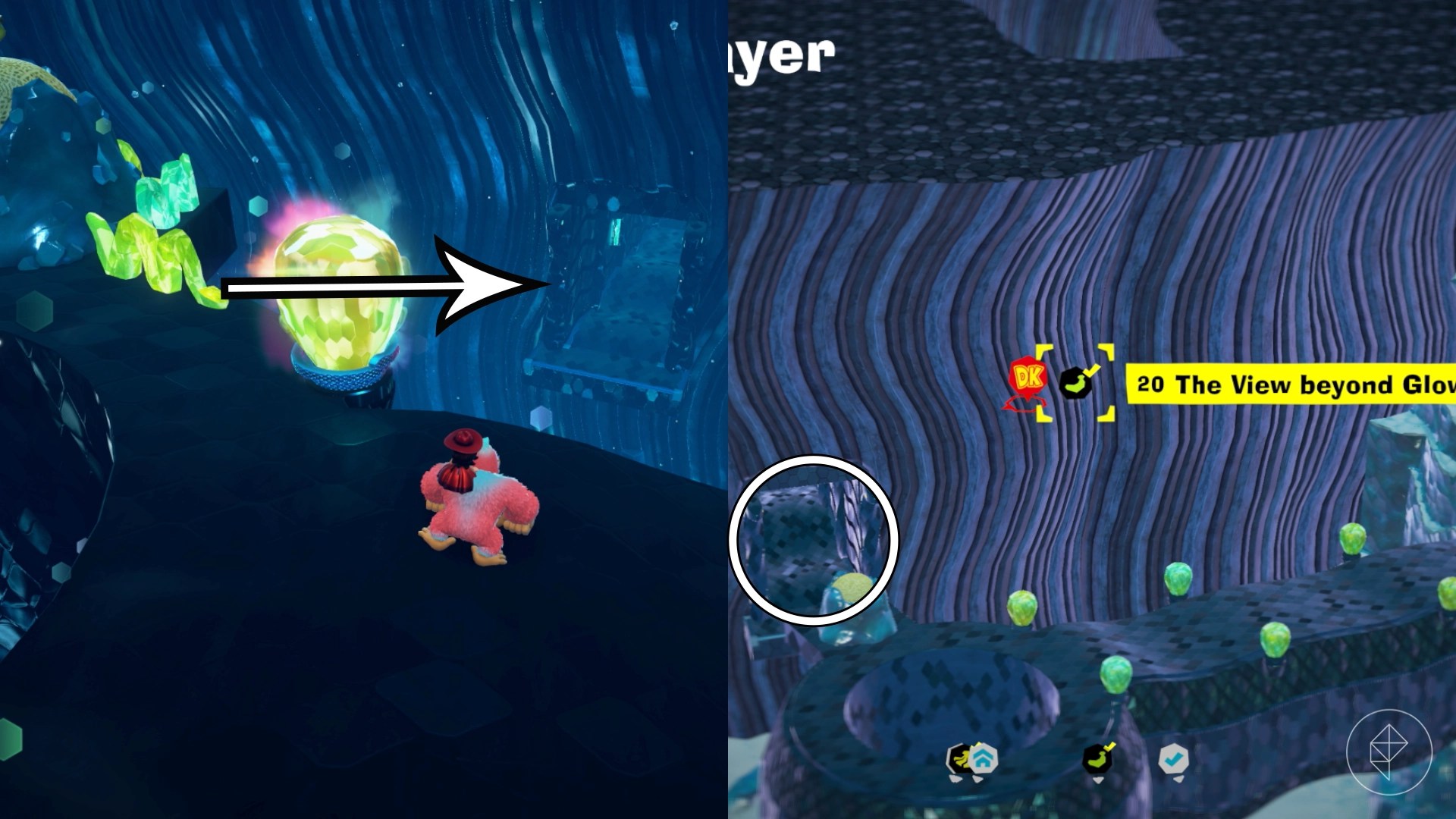 An arrow points to an opening in a cavern wall near the giant snake hallway in Donkey Kong Bananza.