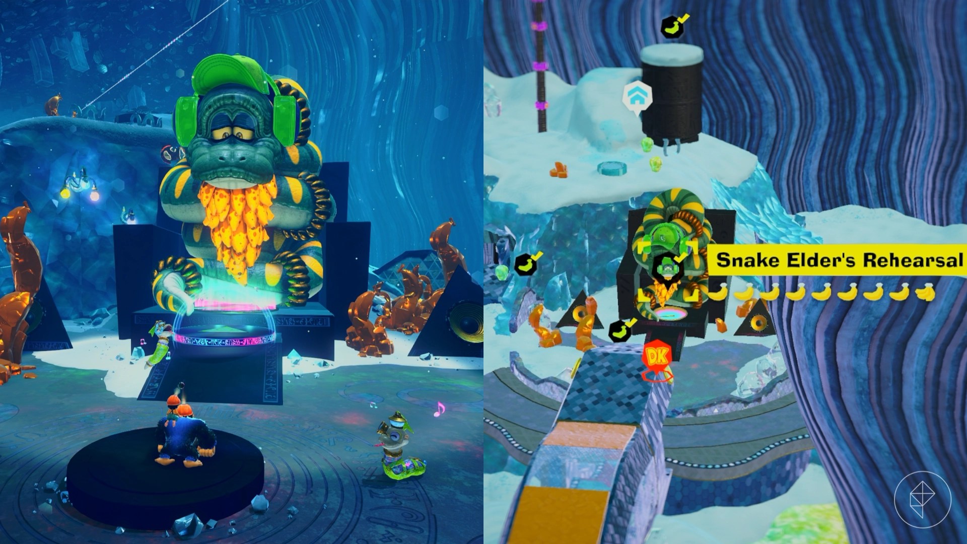 Donkey Kong standing in front of the Snake Elder.