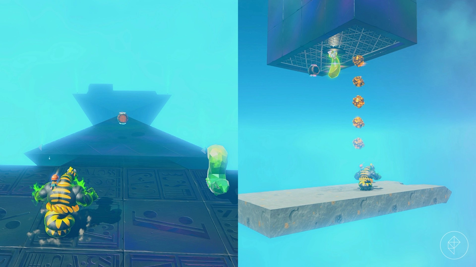 Snake Kong standing in front of a barrel alongside an image of them on a stone platform beneath a golden banana.