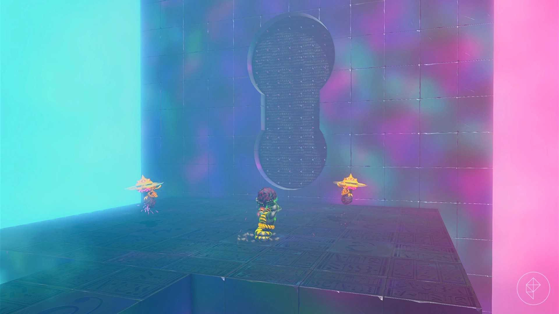Snake Kong holding a boom rock in front of a spiky concrete wall.