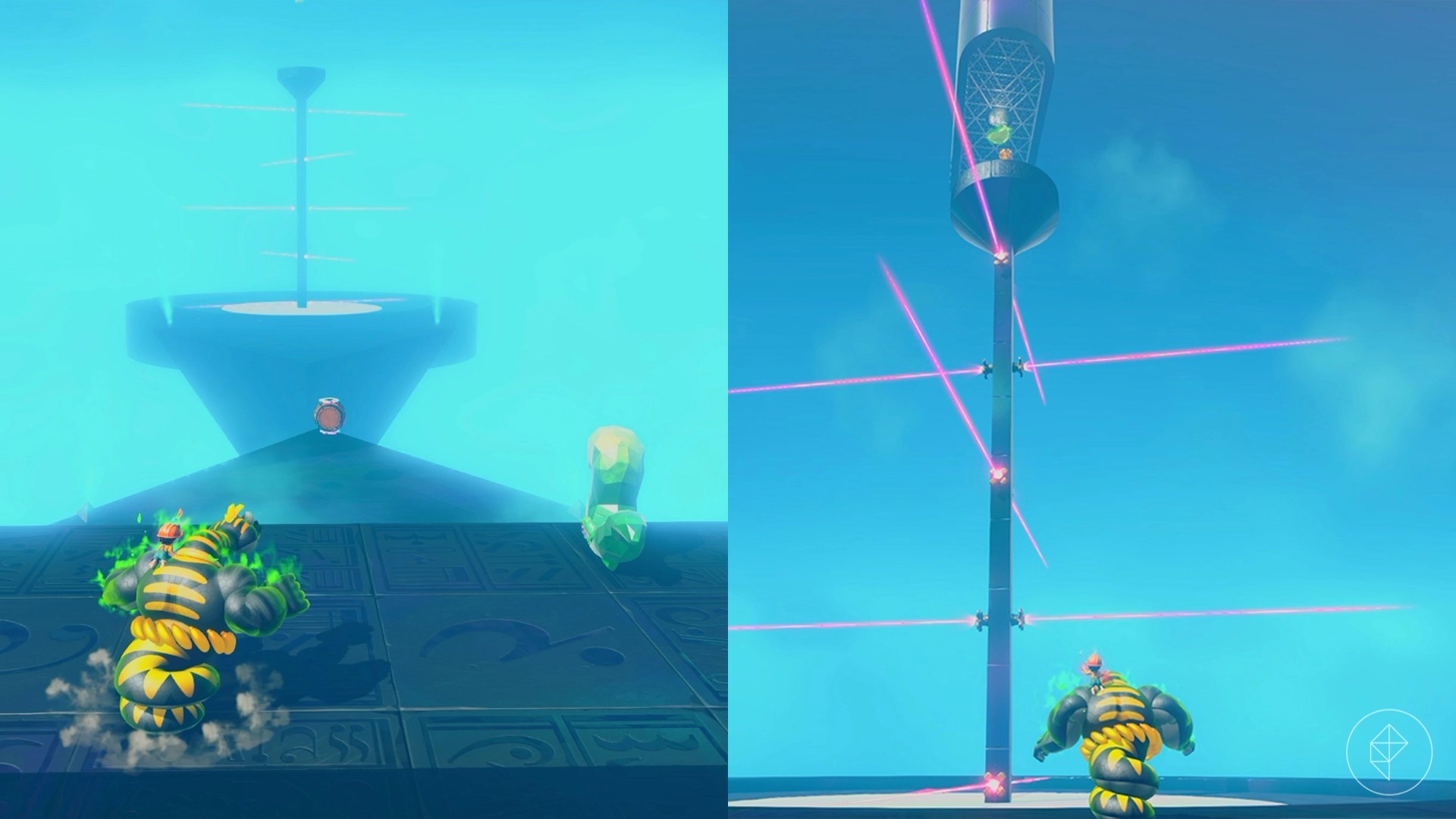 Snake Kong in front of a barrel alongside an image of a pillar with a bunch of lasers.