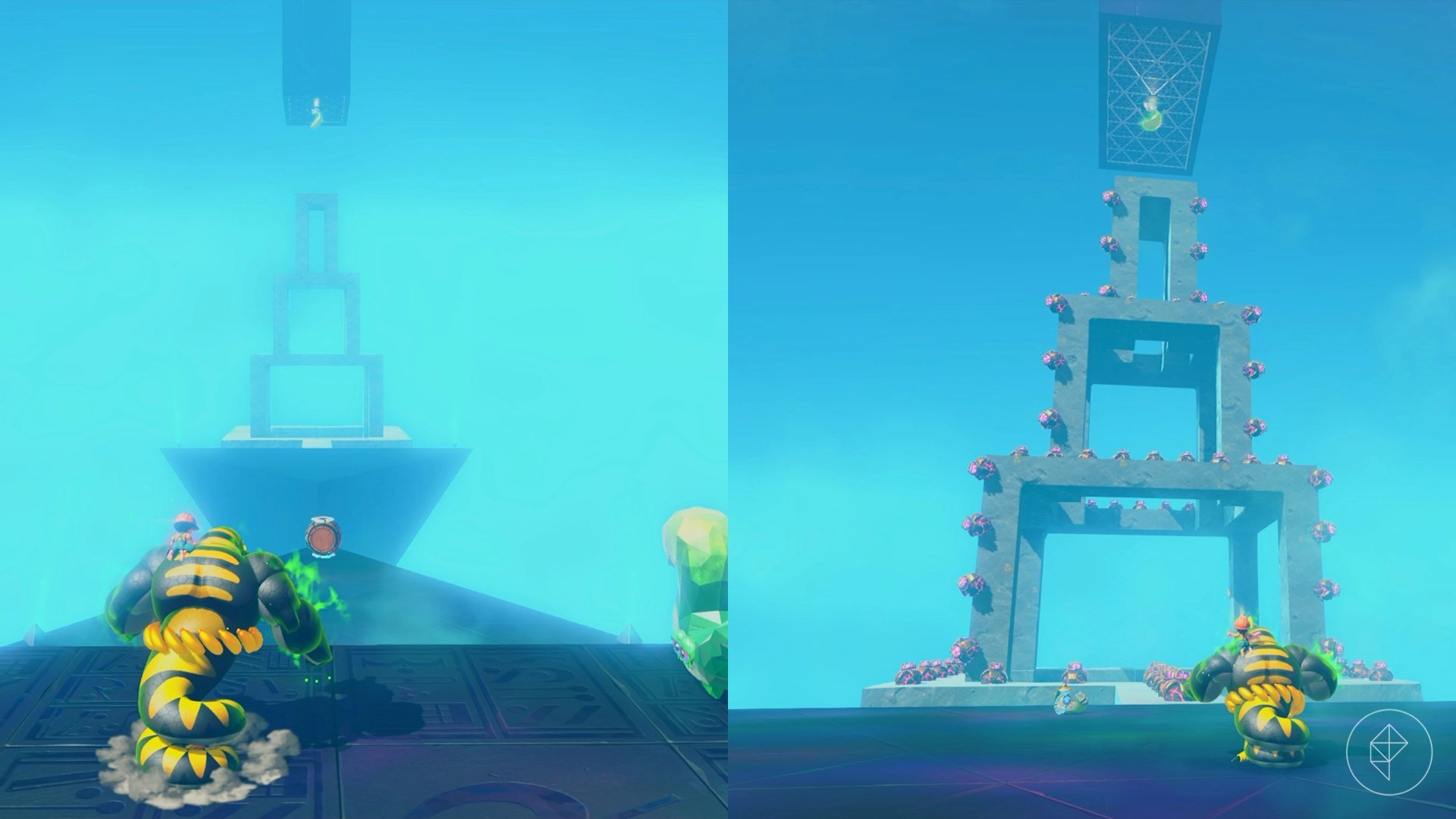 Snake Kong looking at a platform in the distance alongside an image of the platform close up.