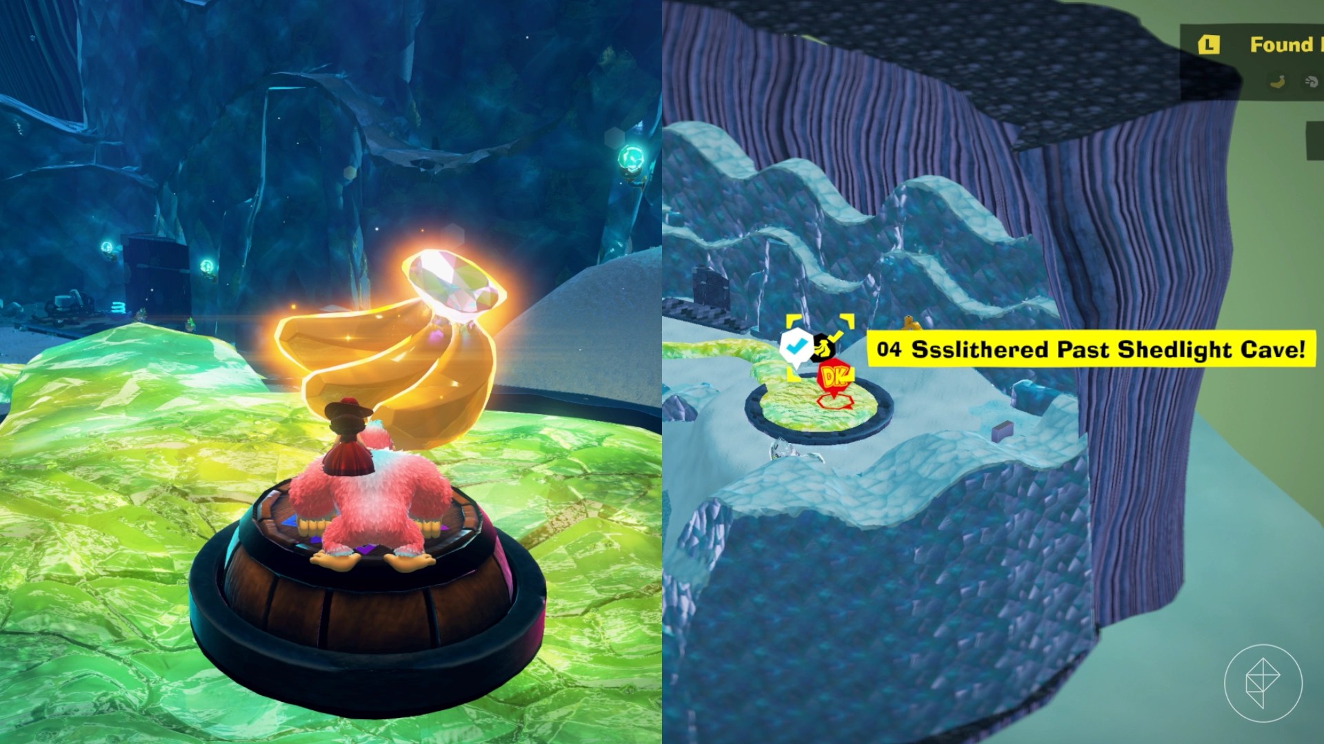 DK approaches a bunch of three bananas on some glow stone in Donkey Kong Bananza.