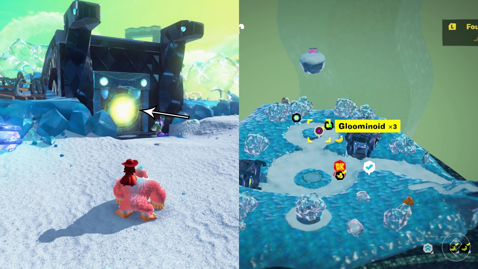 An arrow points to a light door in Donkey Kong Bananza.