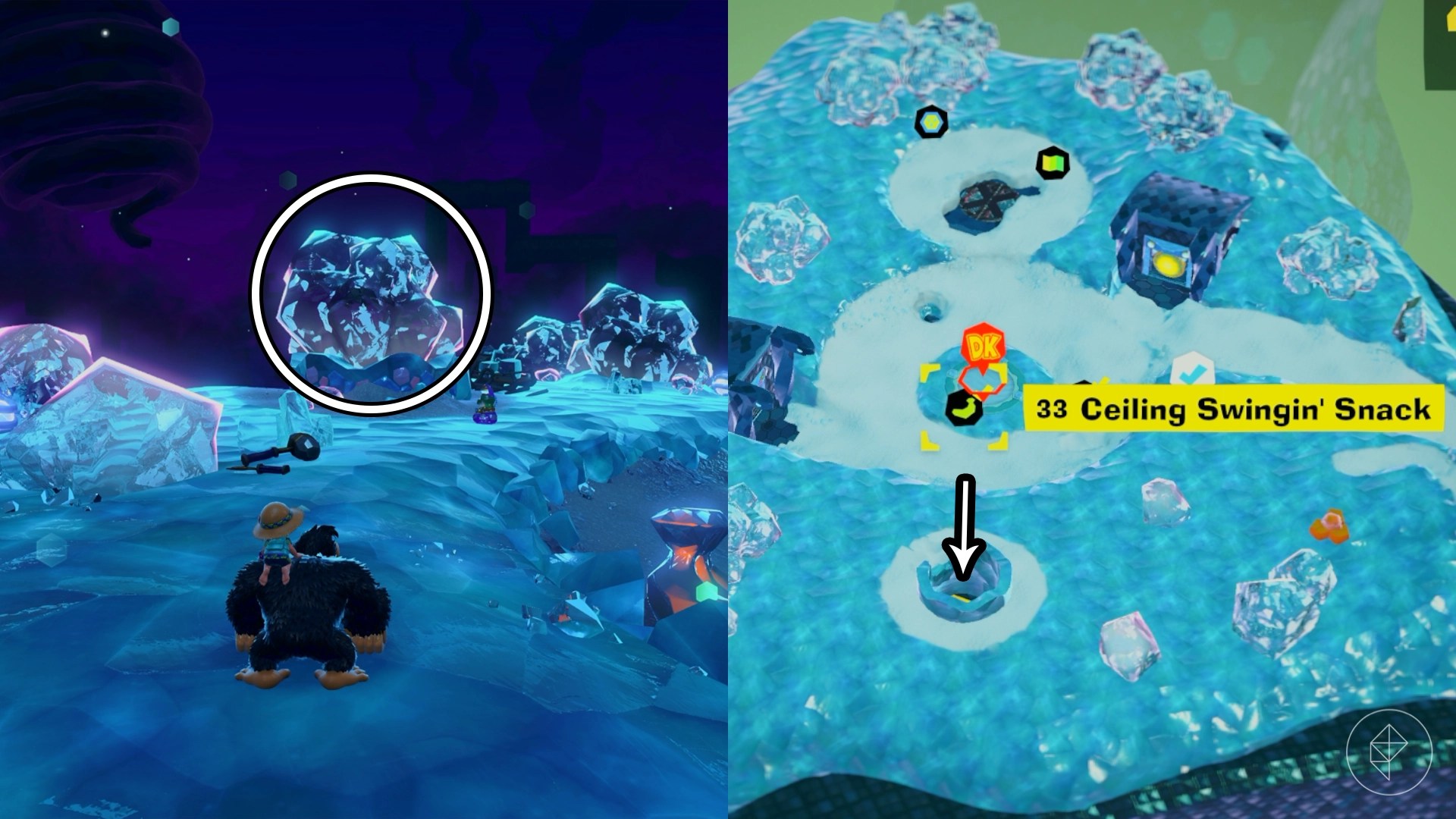 A circle highlights the blocked-off entrance to a cavern in Donkey Kong Bananza.