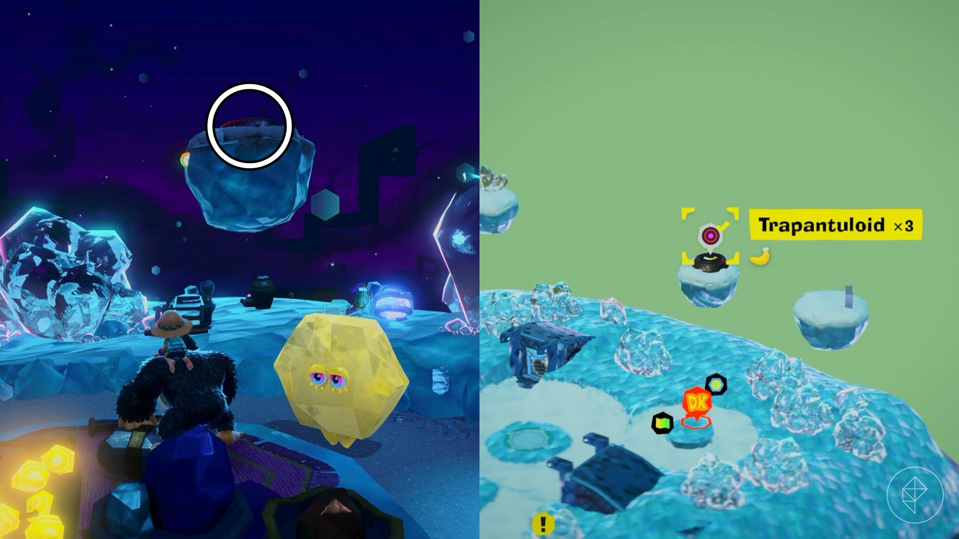 A circle highlights a platform with a combat challenge on it in Donkey Kong Bananza.