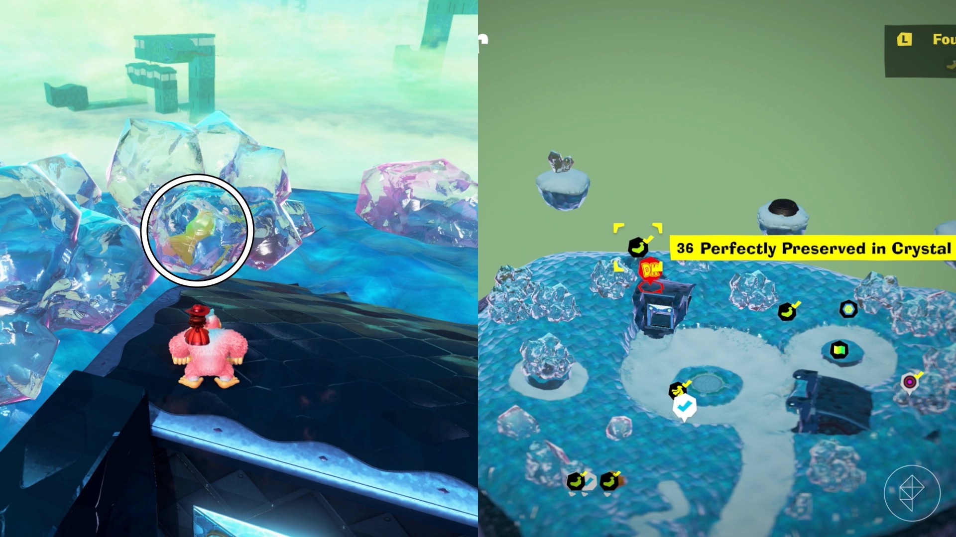 A circle highlights a banana stuck in crystal on the edge of town in Donkey Kong Bananza.