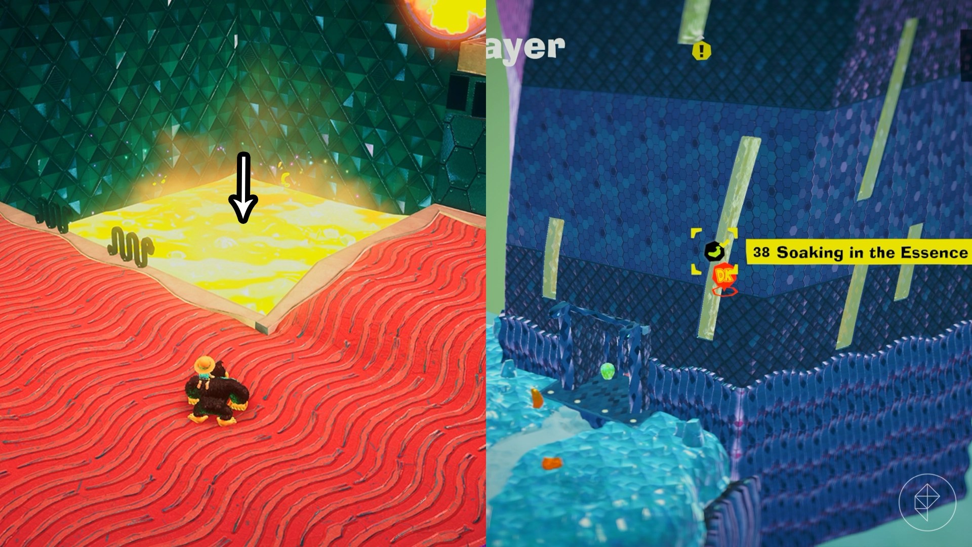 An arrow points down into some lava, where a banana is hiding in Donkey Kong Bananza.