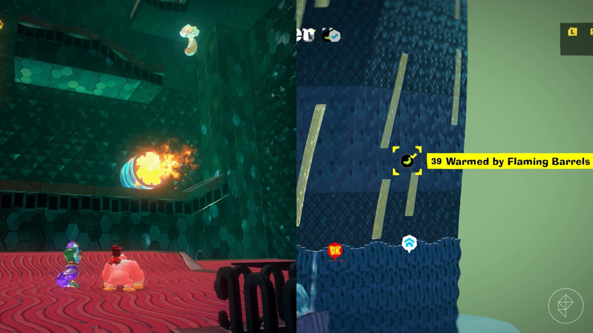 A banana hangs from the ceiling above some fiery barrels in Donkey Kong Bananza.