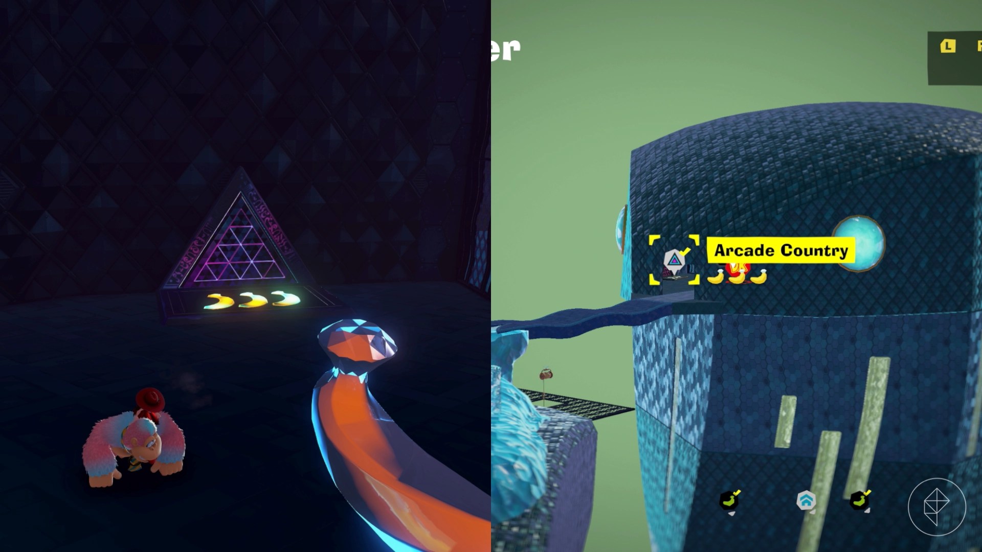 DK approaches an Ancient Ruins entrance behind a translucent banana in Donkey Kong Bananza.