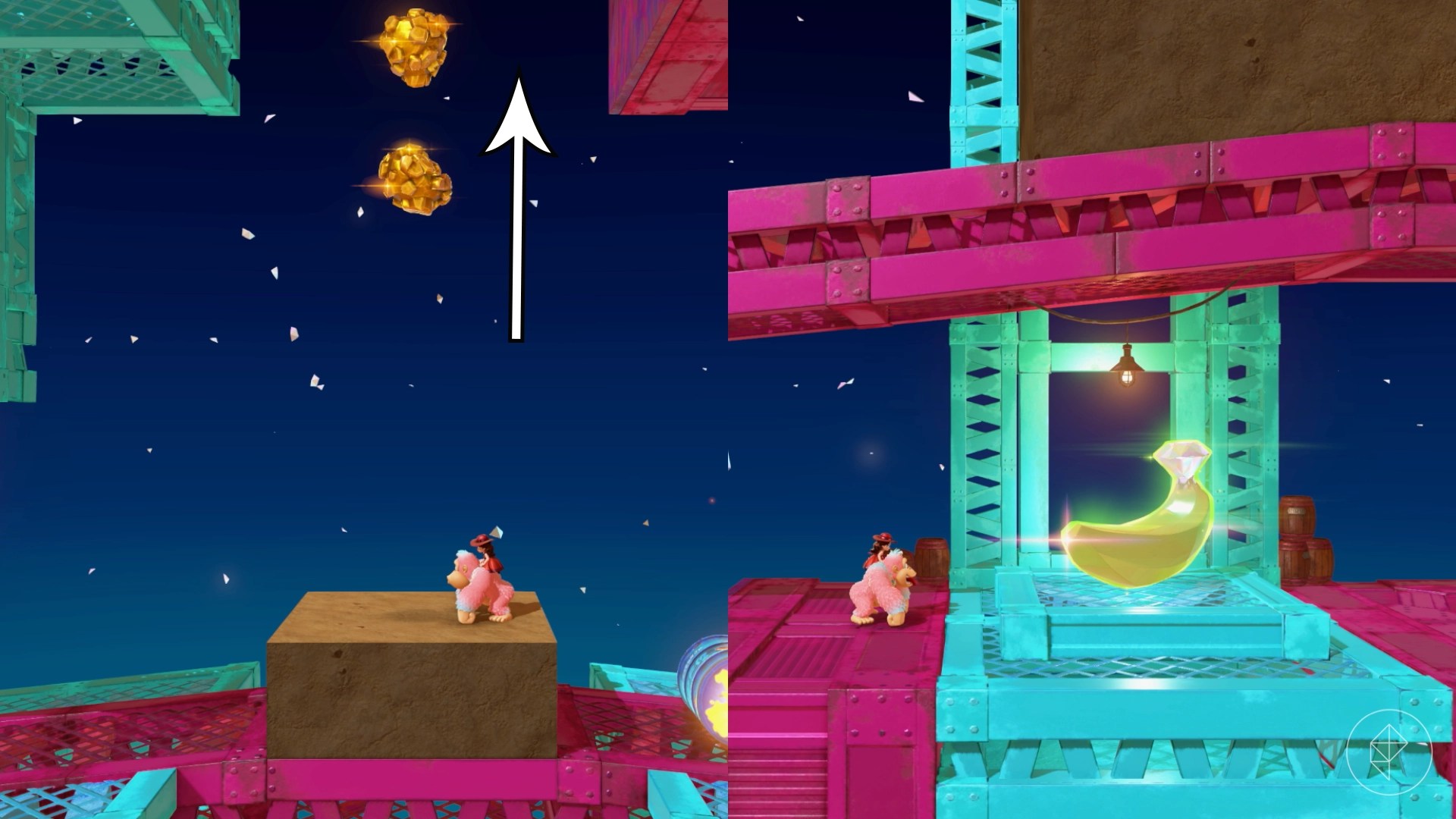 An arrow points upwards above a blank square of dirt in Donkey Kong Bananza.