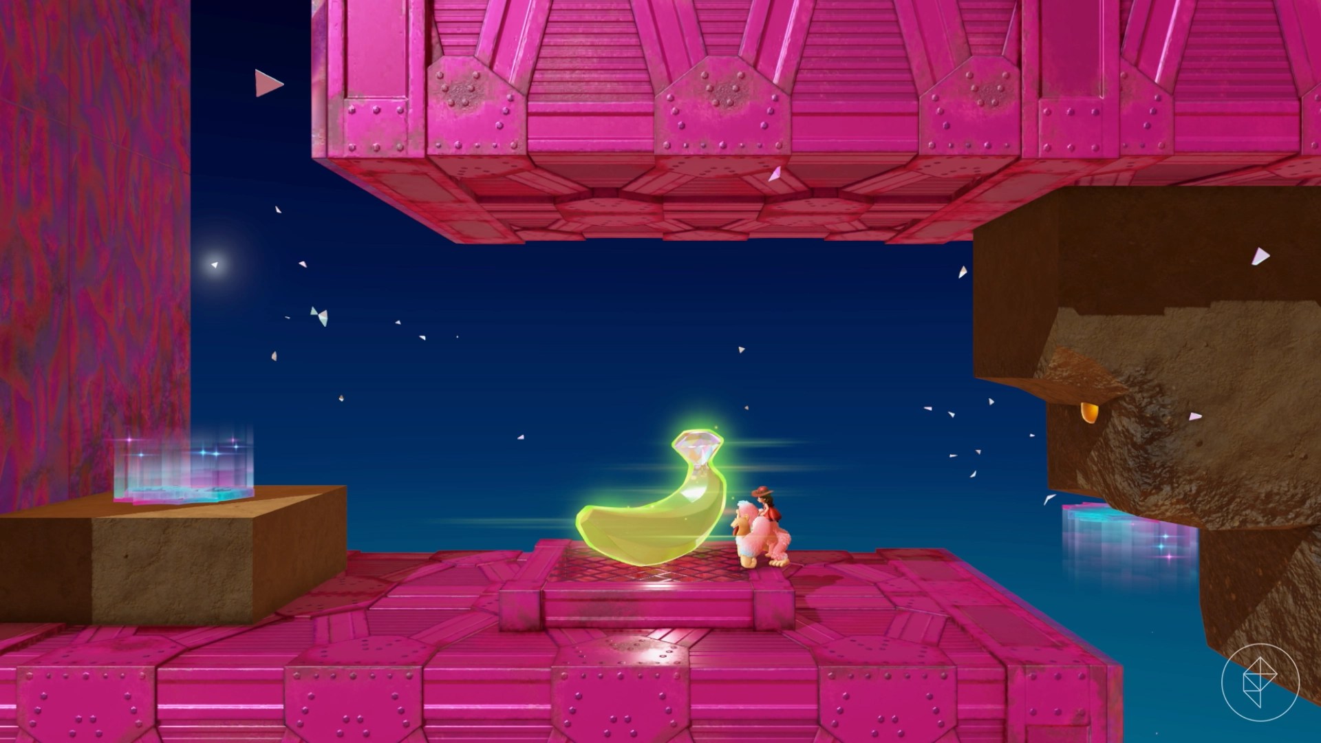 DK stands in front of a banana on a magenta platform in Donkey Kong Bananza.