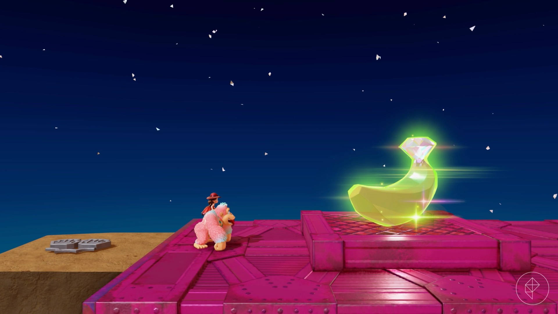DK and Pauline get close to a final-reward banana in a challenge course in Donkey Kong Bananza.