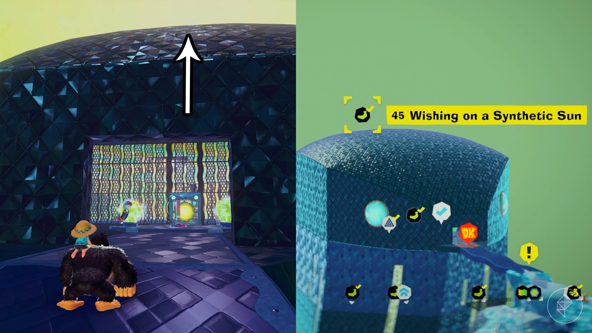 An arrow points up to the roof above where you turn the sun back on in Donkey Kong Bananza.