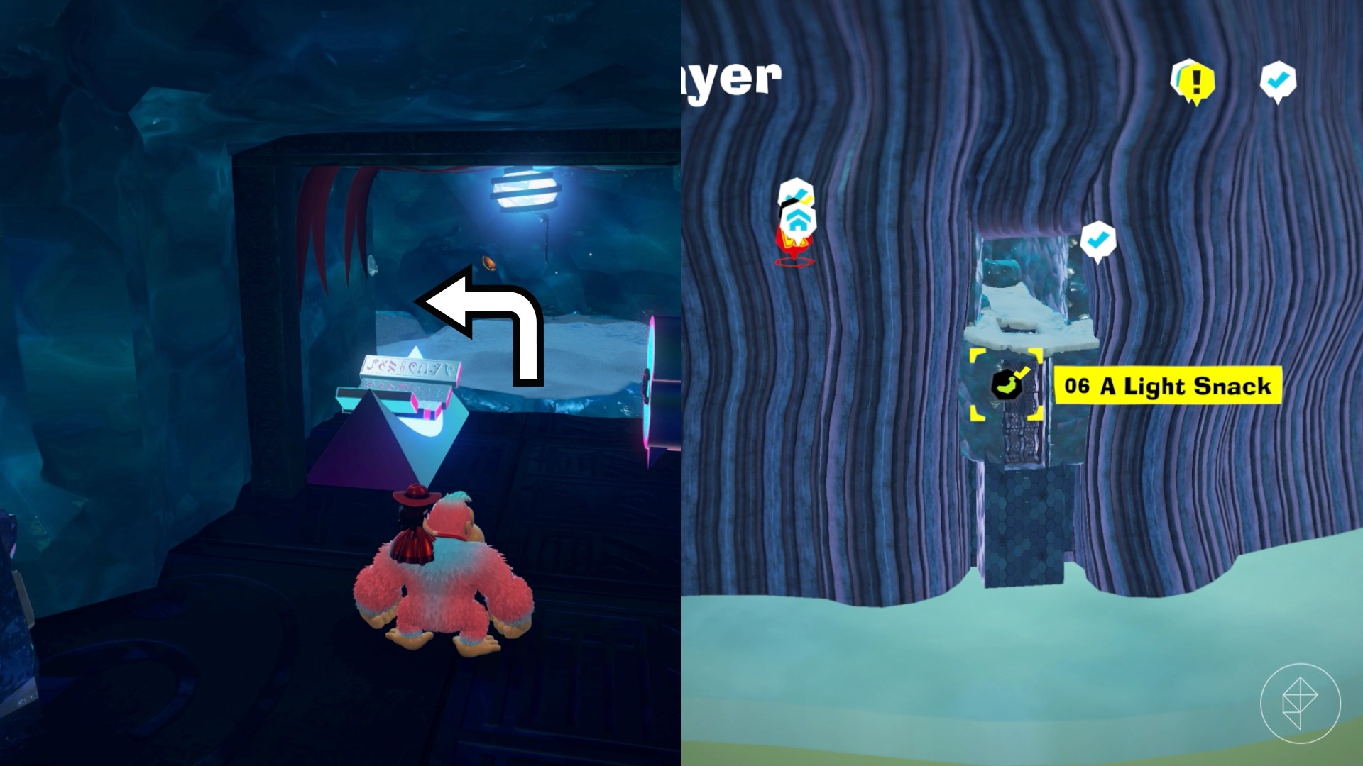 An arrow points to the left behind a getaway in Donkey Kong Bananza.