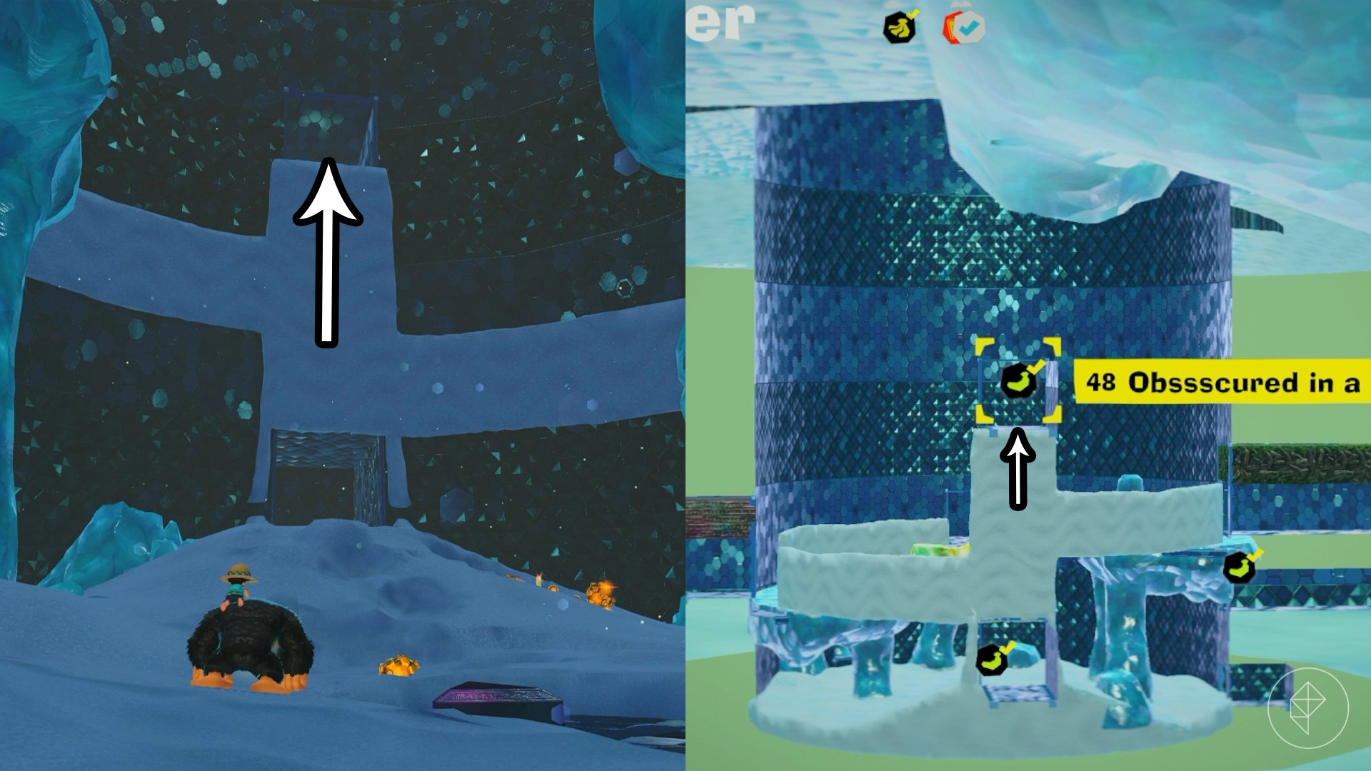 An arrow points up to a doorway in Donkey Kong Bananza.