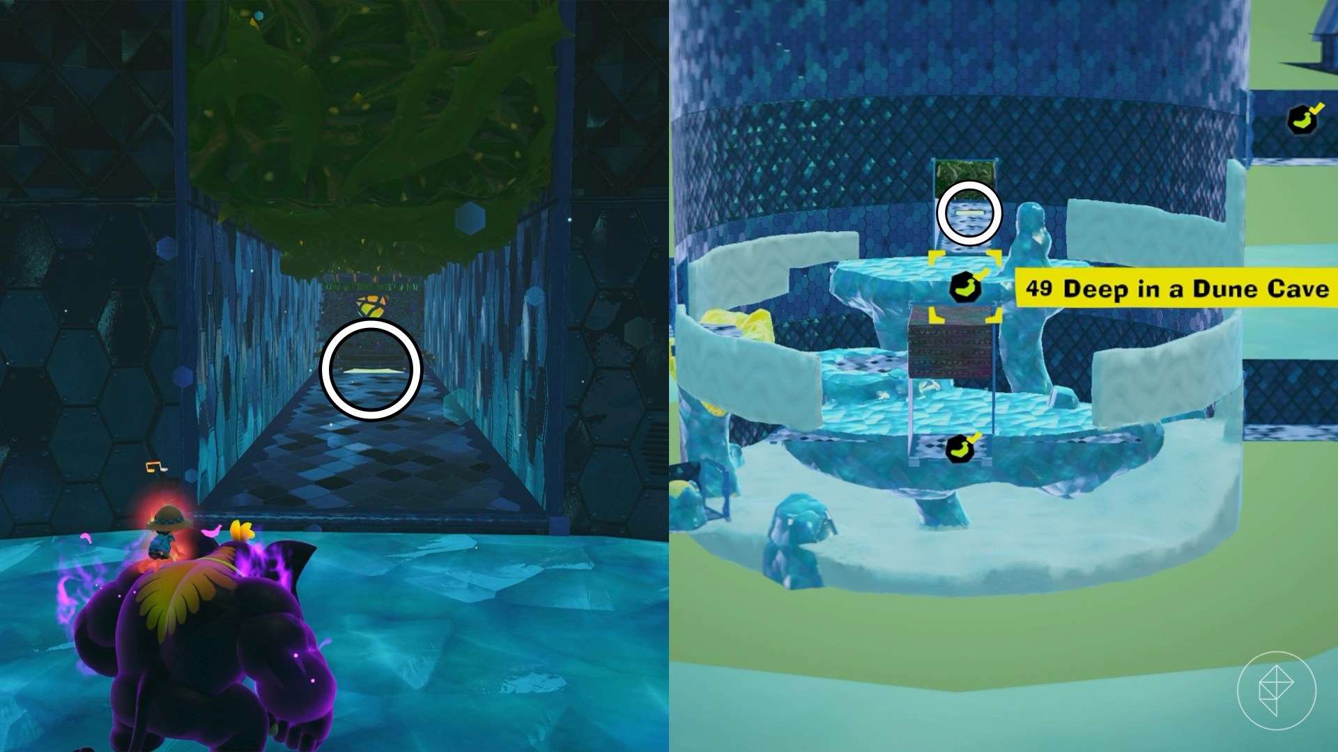 A circle highlights a spot under a spider-like enemy in Donkey Kong Bananza.