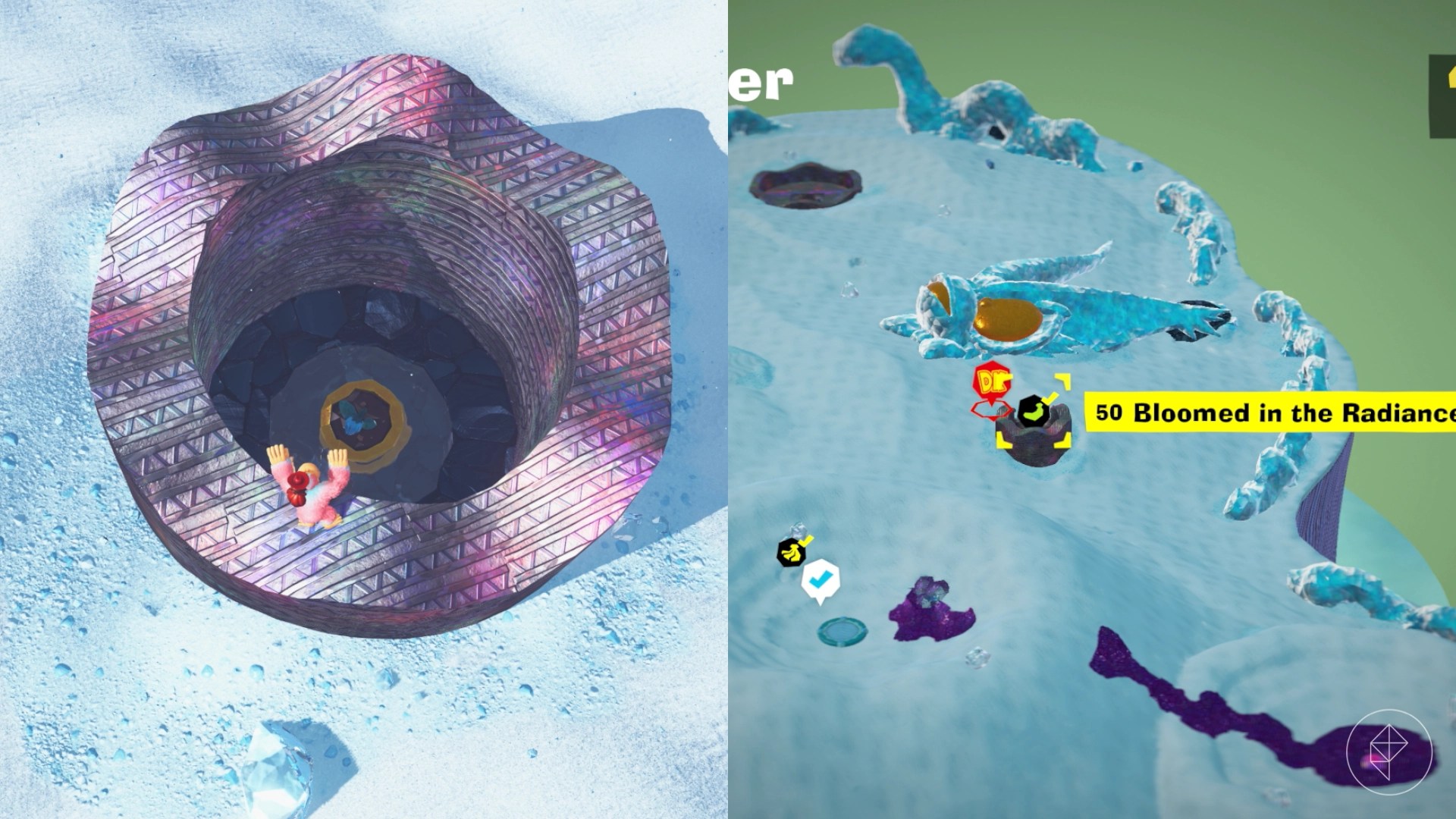 DK stands on the edge of a concrete circle wall around a sad potted plant in Donkey Kong Bananza.