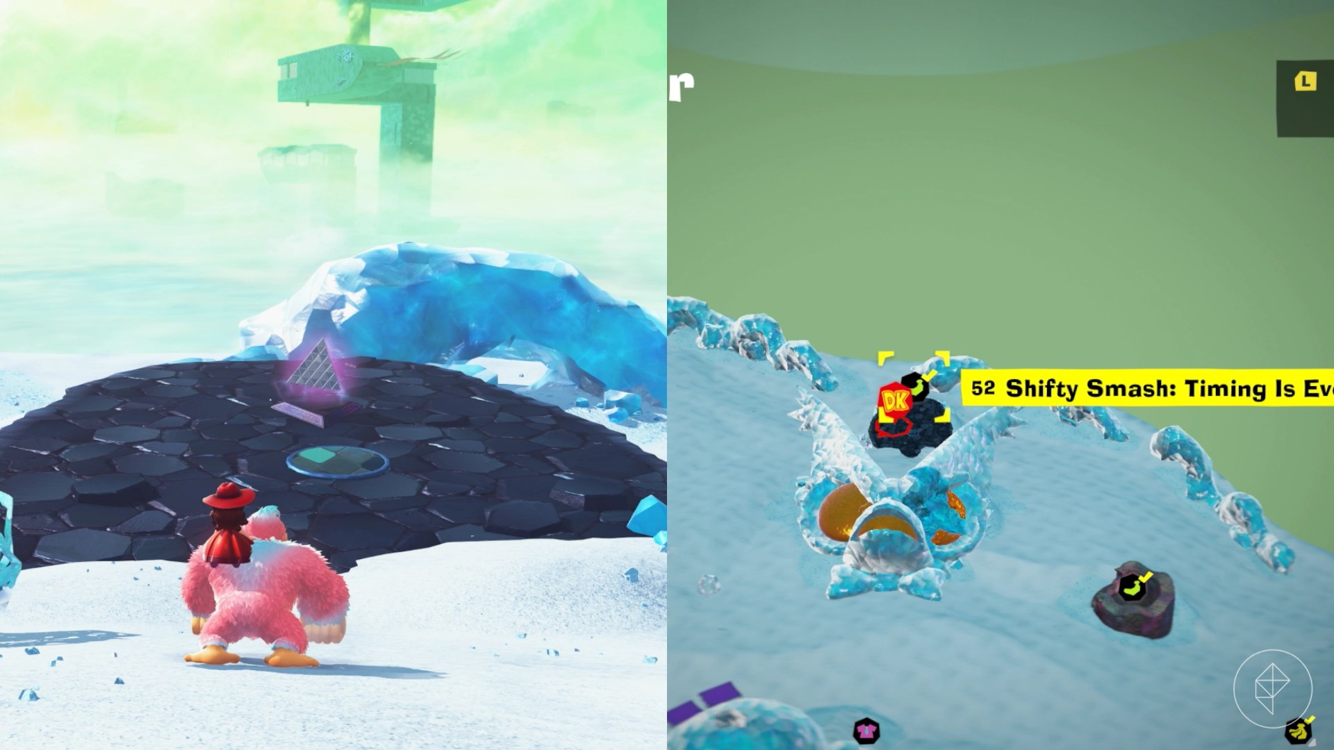 DK approaches a shifty triangle above a statue of Void Kong’s head in Donkey Kong Bananza.