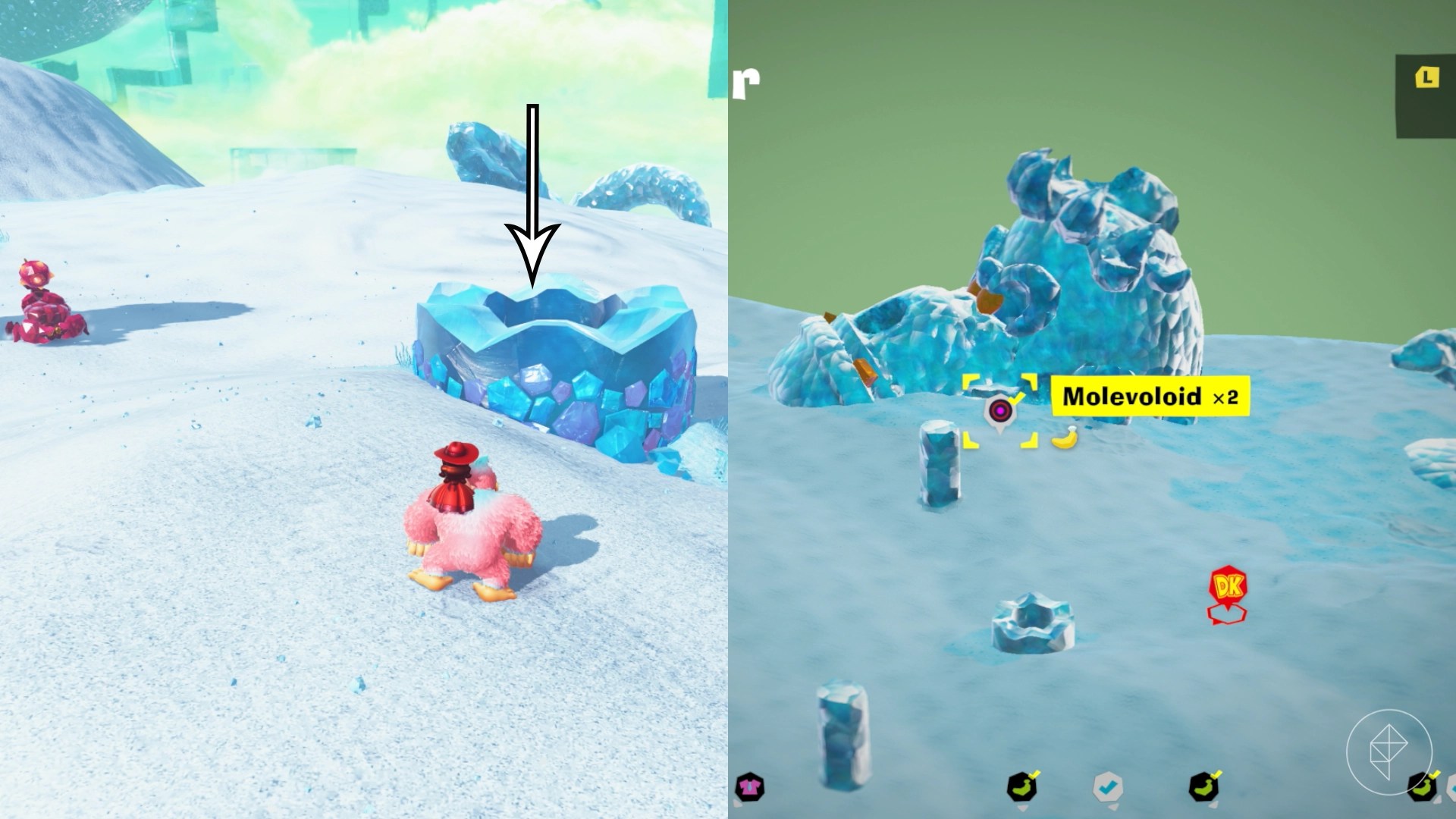 An arrow points down a hole noting where to drop to find a combat challenge in Donkey Kong Bananza.
