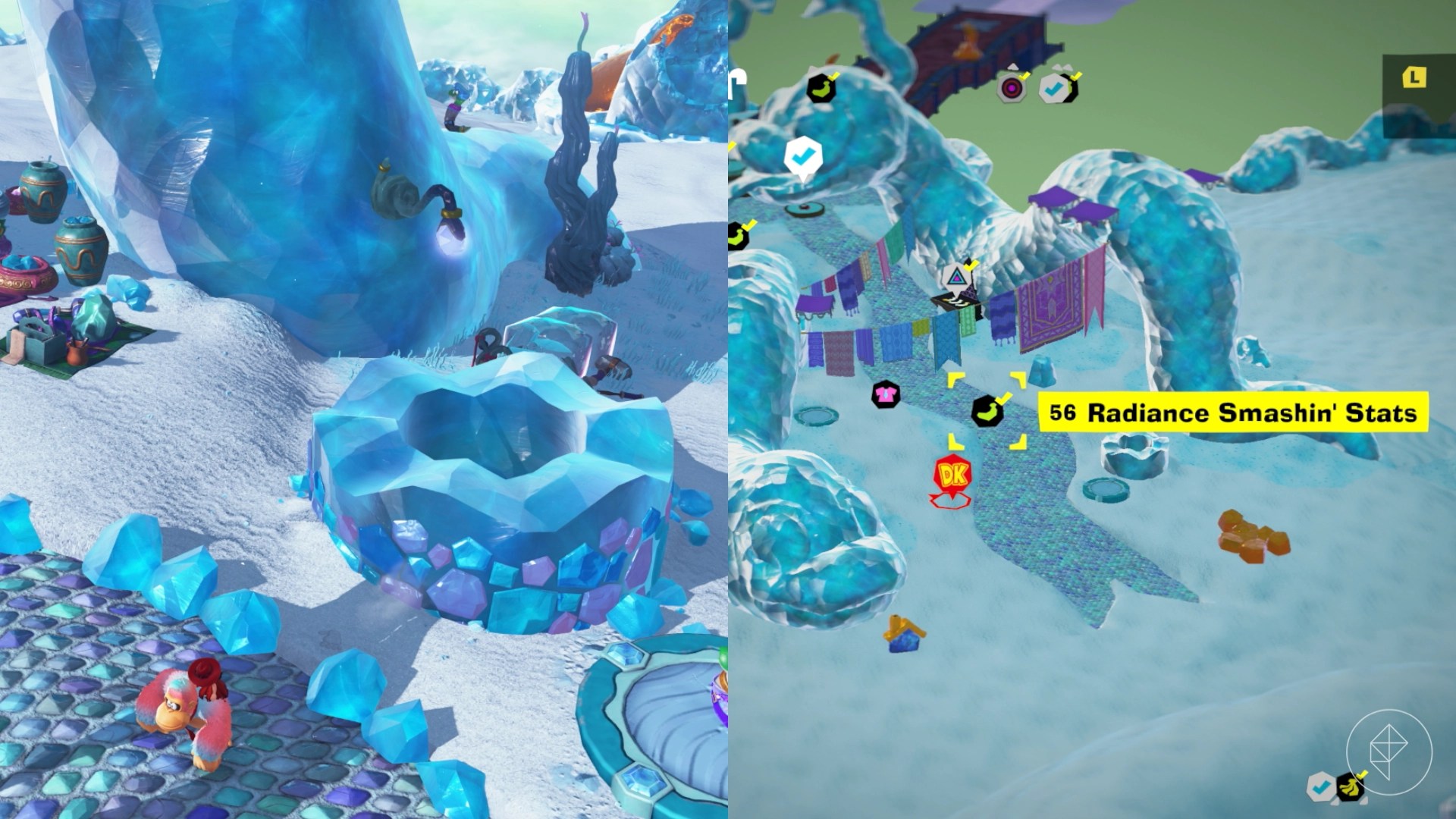 DK stands next to a huge hole in the ground where you can find Smashintone inside in Donkey Kong Bananza.