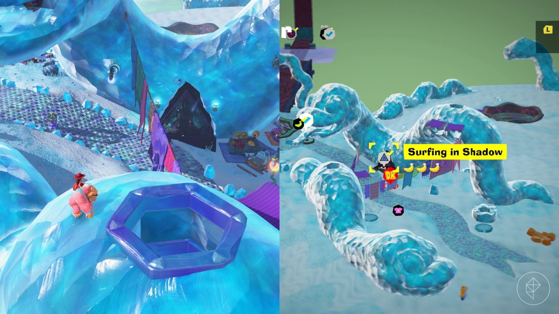 DK stands next to an opening in a building with an Ancient Ruins nearby in Donkey Kong Bananza.