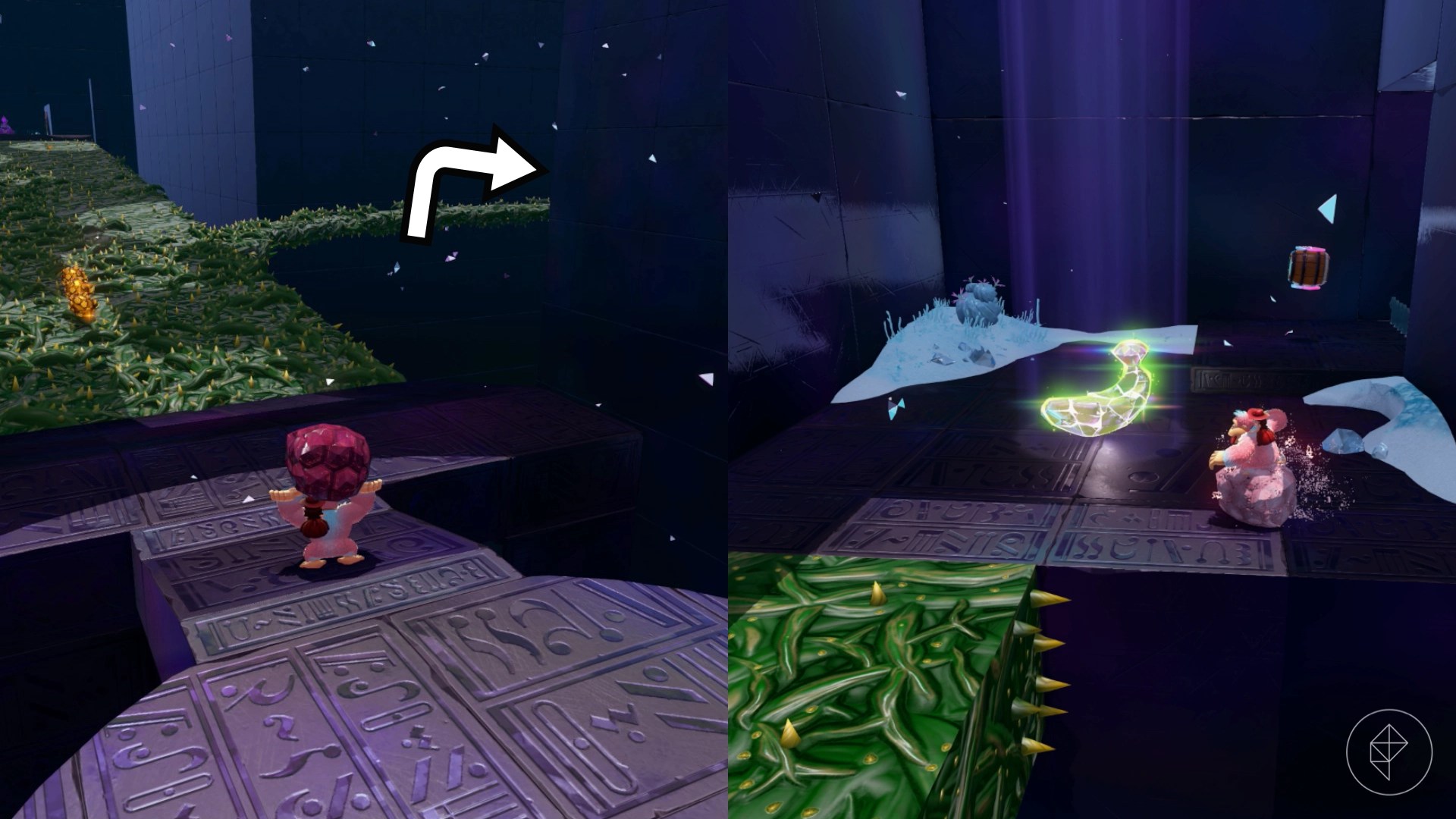 An arrow points to the right around a corner of a thorny path in Donkey Kong Bananza.