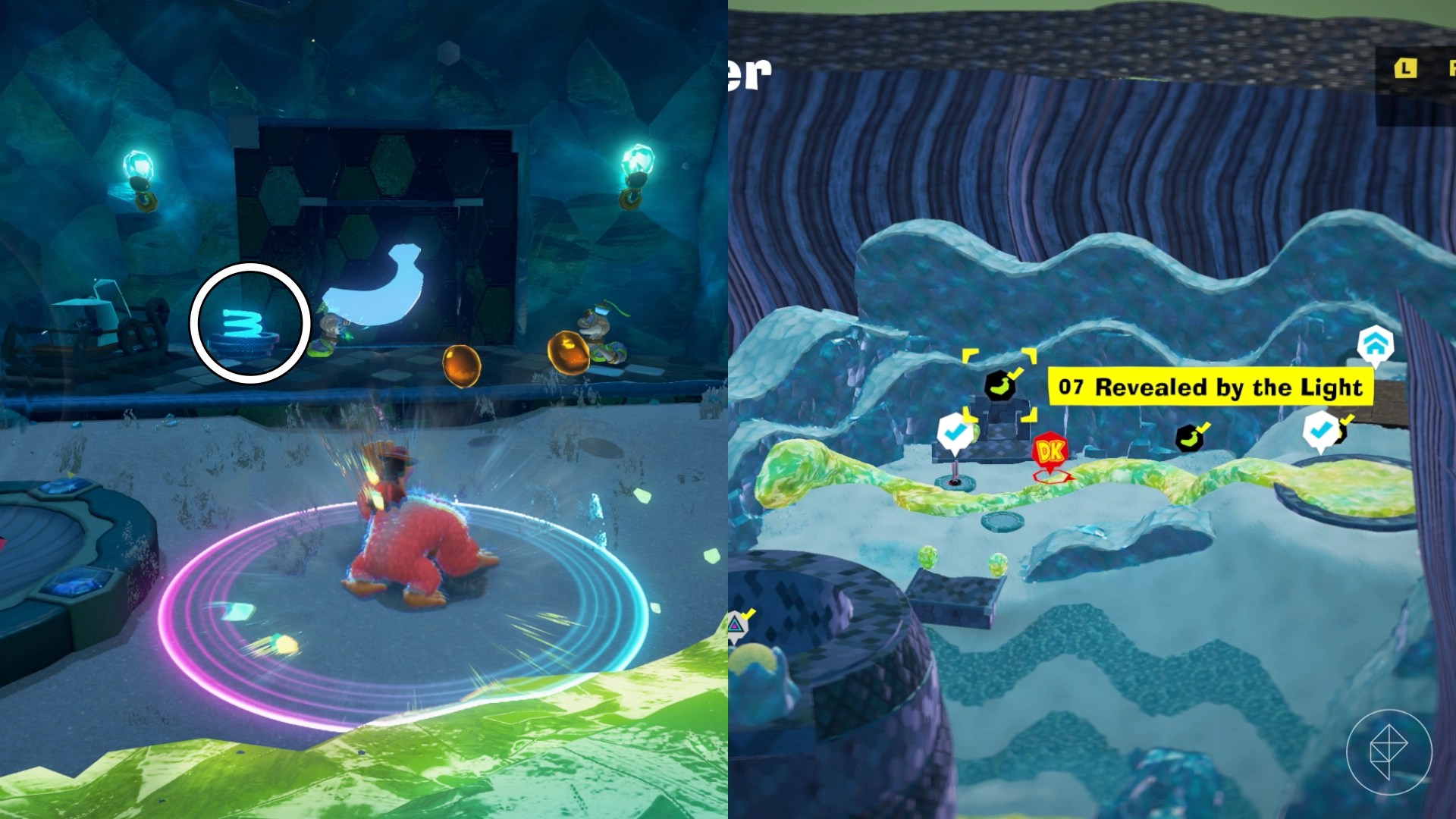 DK uses his Hand Slap sonar to see a banana behind a wall with a blue coil next to it in Donkey Kong Bananza.