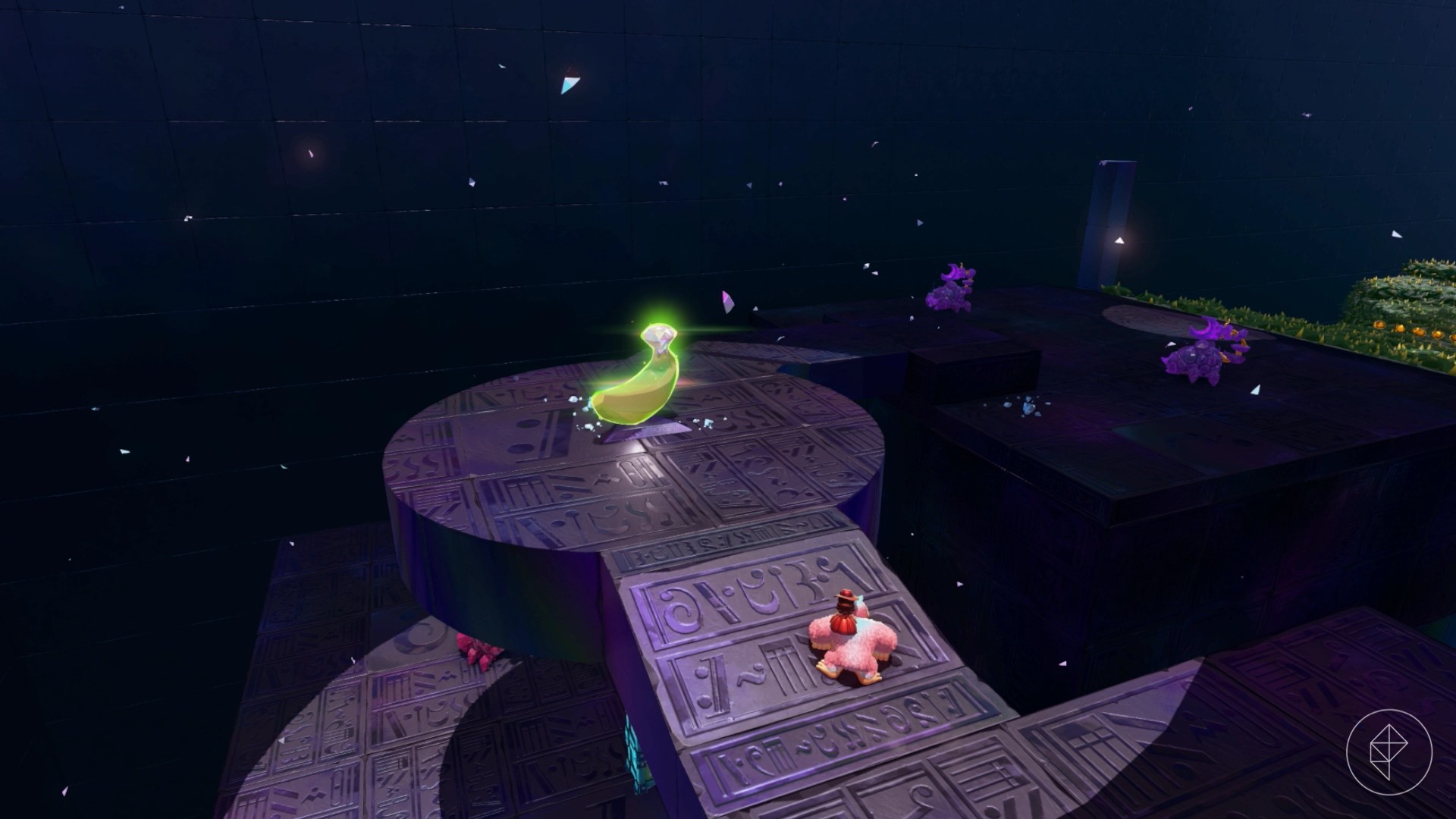 A banana sits on a round platform with some scorpion-like enemies nearby in Donkey Kong Bananza.