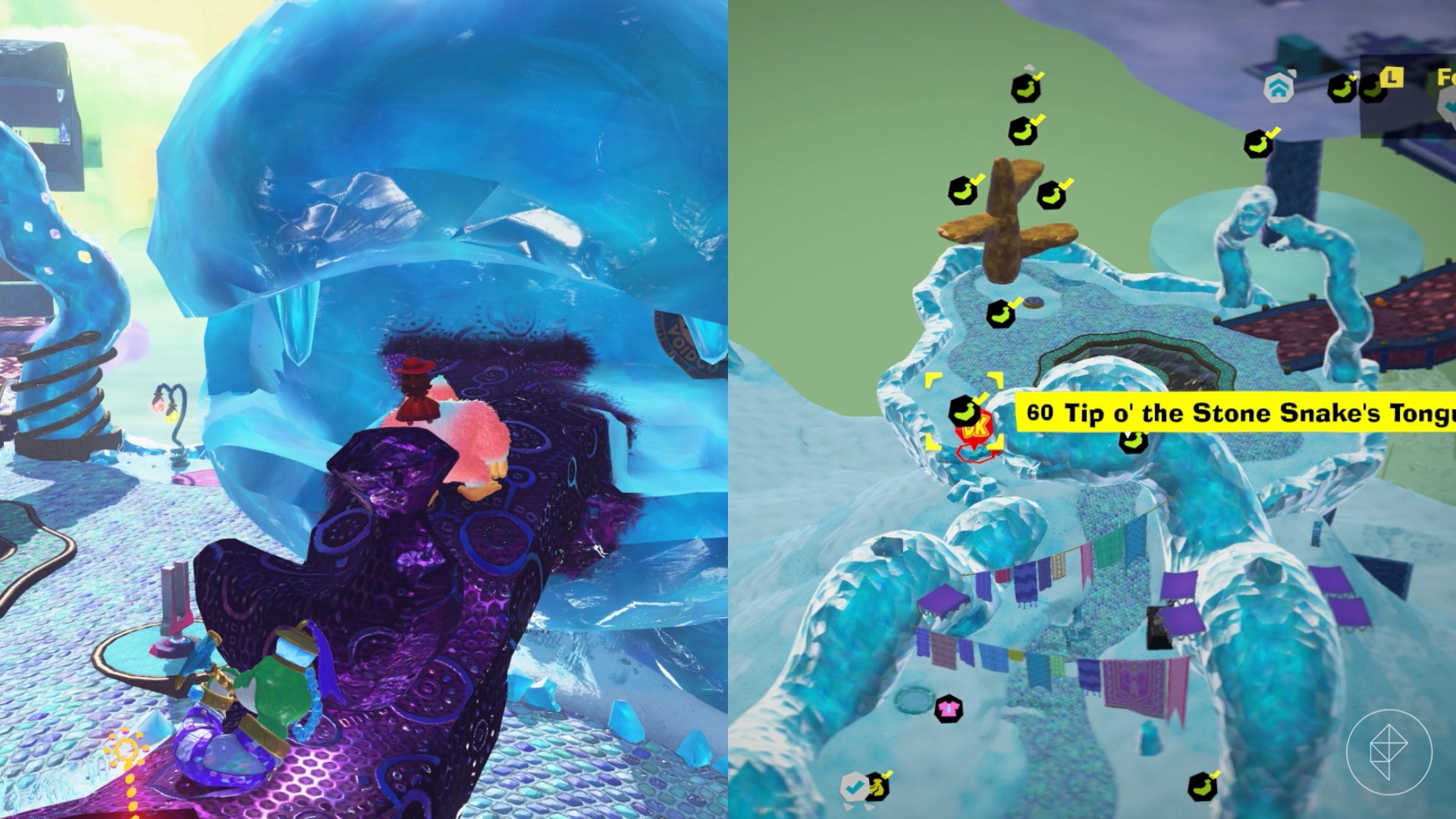 A banana sits on a stone snake’s tongue, covered in purple void goo in Donkey Kong Bananza.