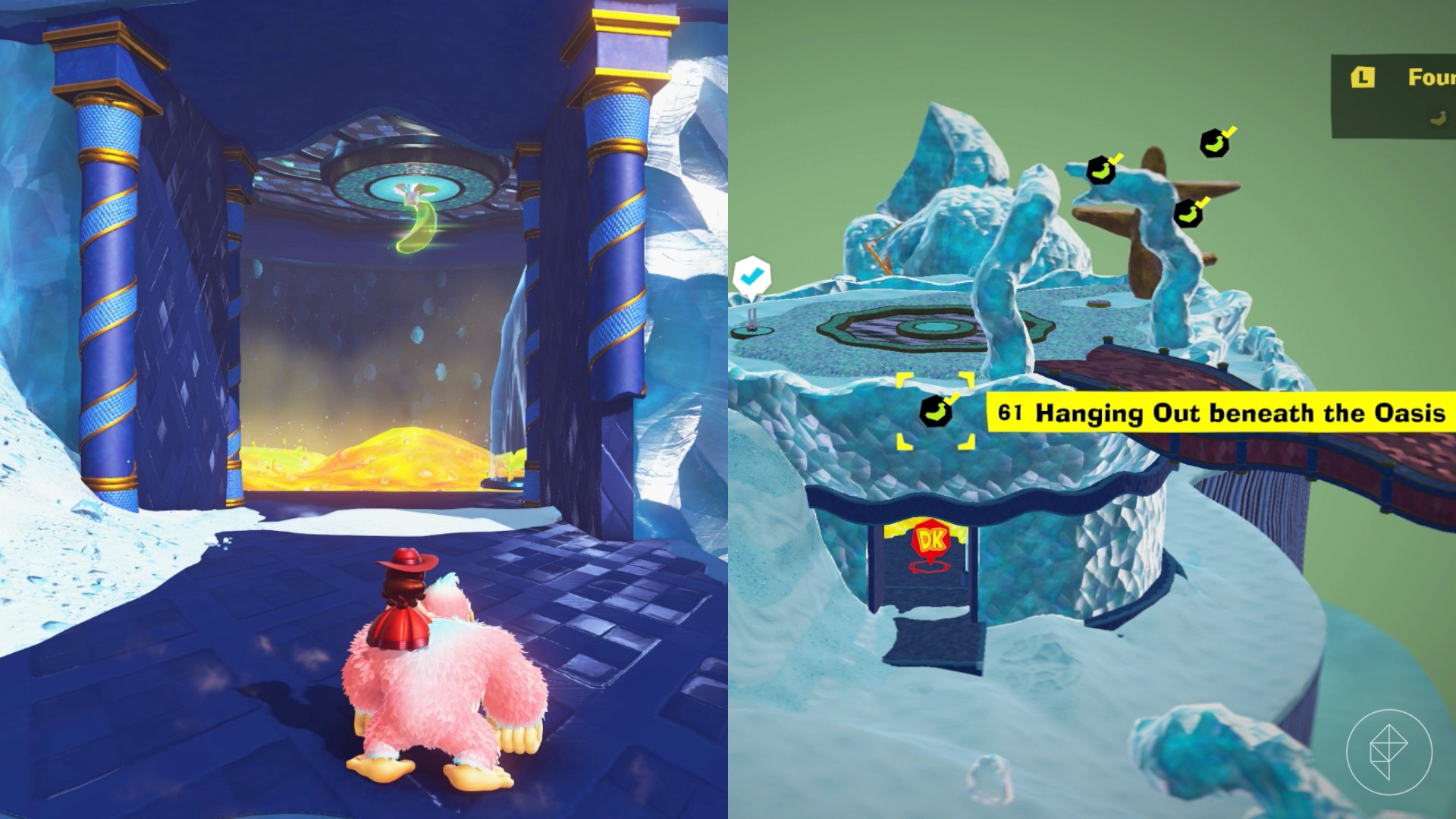 A banana hangs from the top of a cavern, though there’s lots of lava below it in Donkey Kong Bananza.