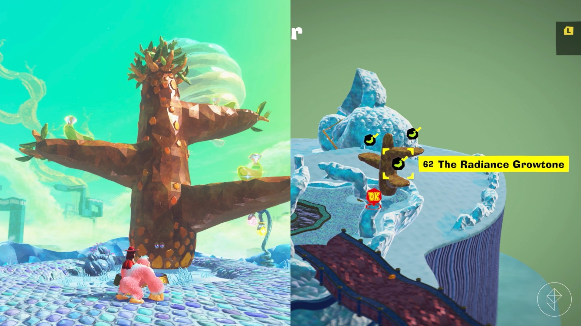 A fully-grown Growtone with three bananas on its branches in the Radiance Layer in Donkey Kong Bananza.