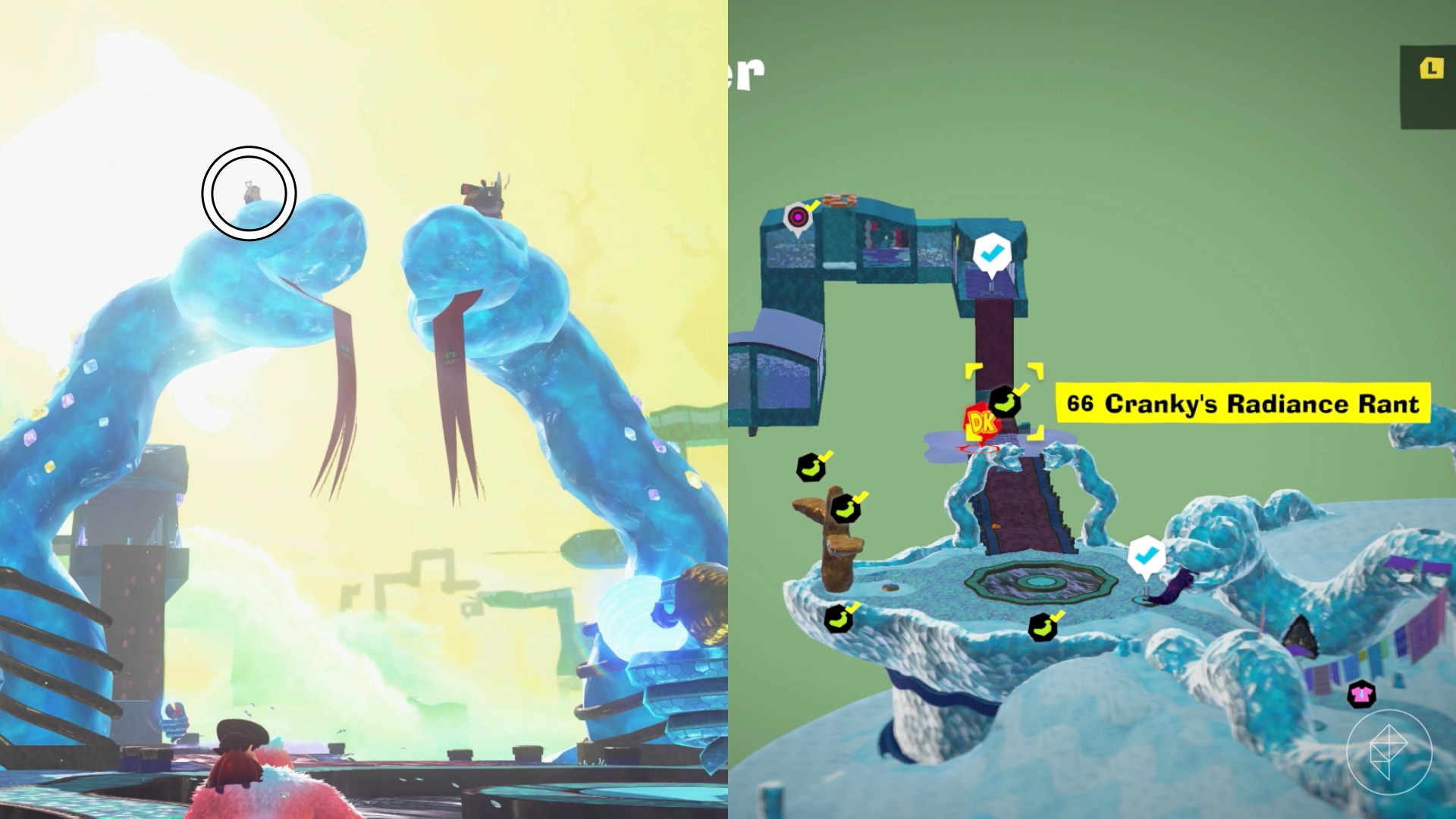 A circle highlights a tiny Cranky Kong standing on top of a stone snake structure in Donkey Kong Bananza.