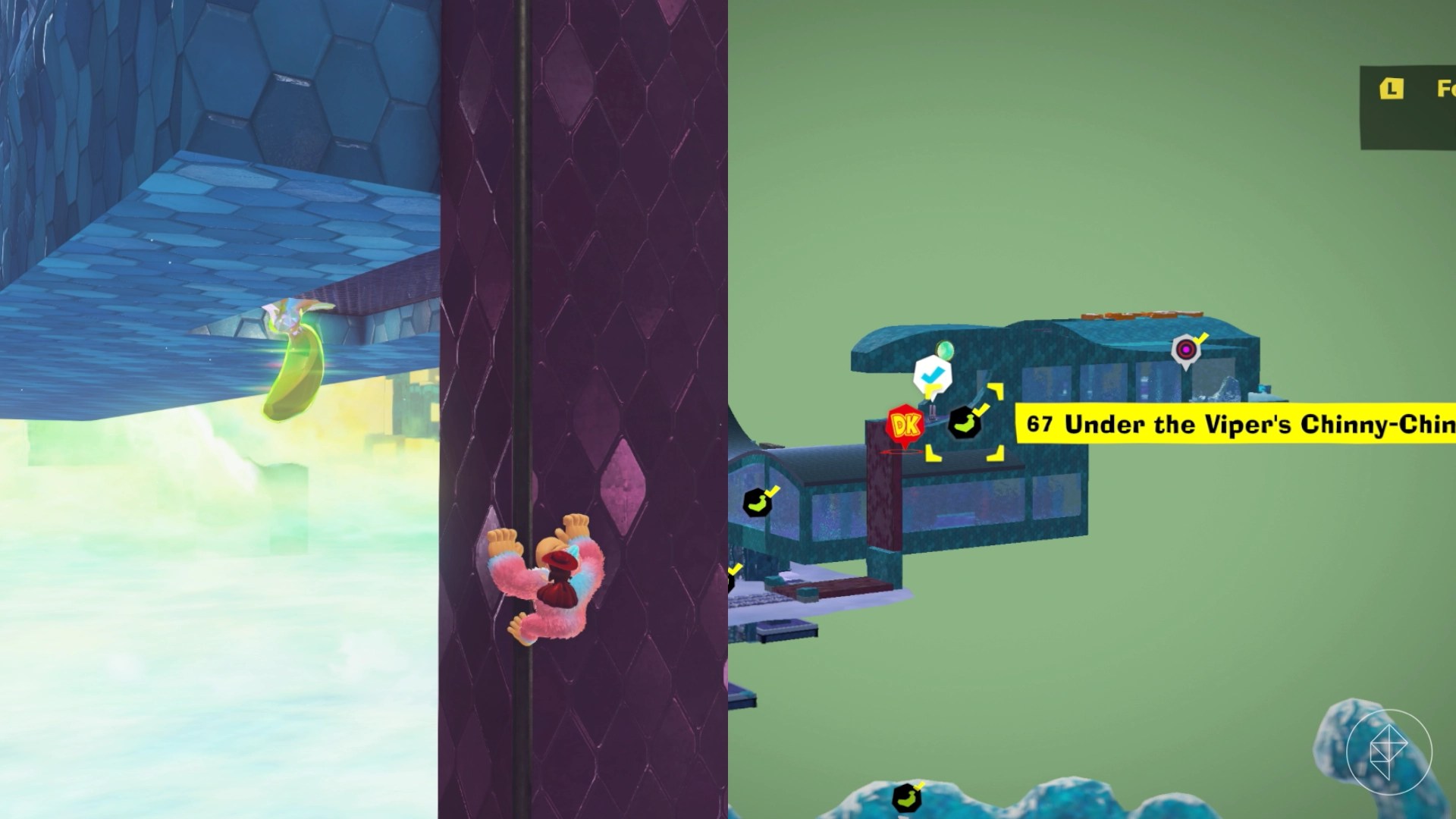 A banana hangs from a ceiling path under the “chin” of a viper-shaped hallway in Donkey Kong Bananza.