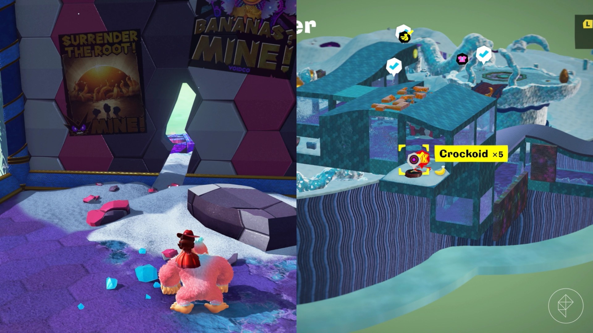 A combat course entrance peeks through a crack of a breakable wall in Donkey Kong Bananza.