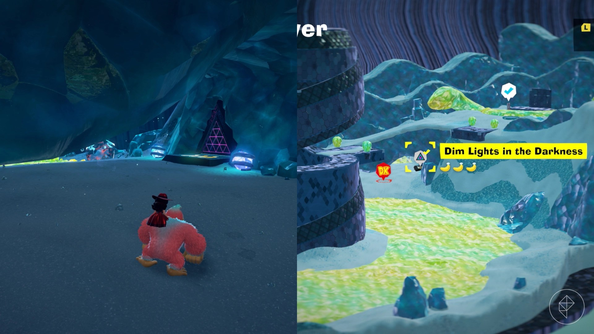 DK approaches an Ancient Ruins entrance under a bridge in Donkey Kong Bananza.